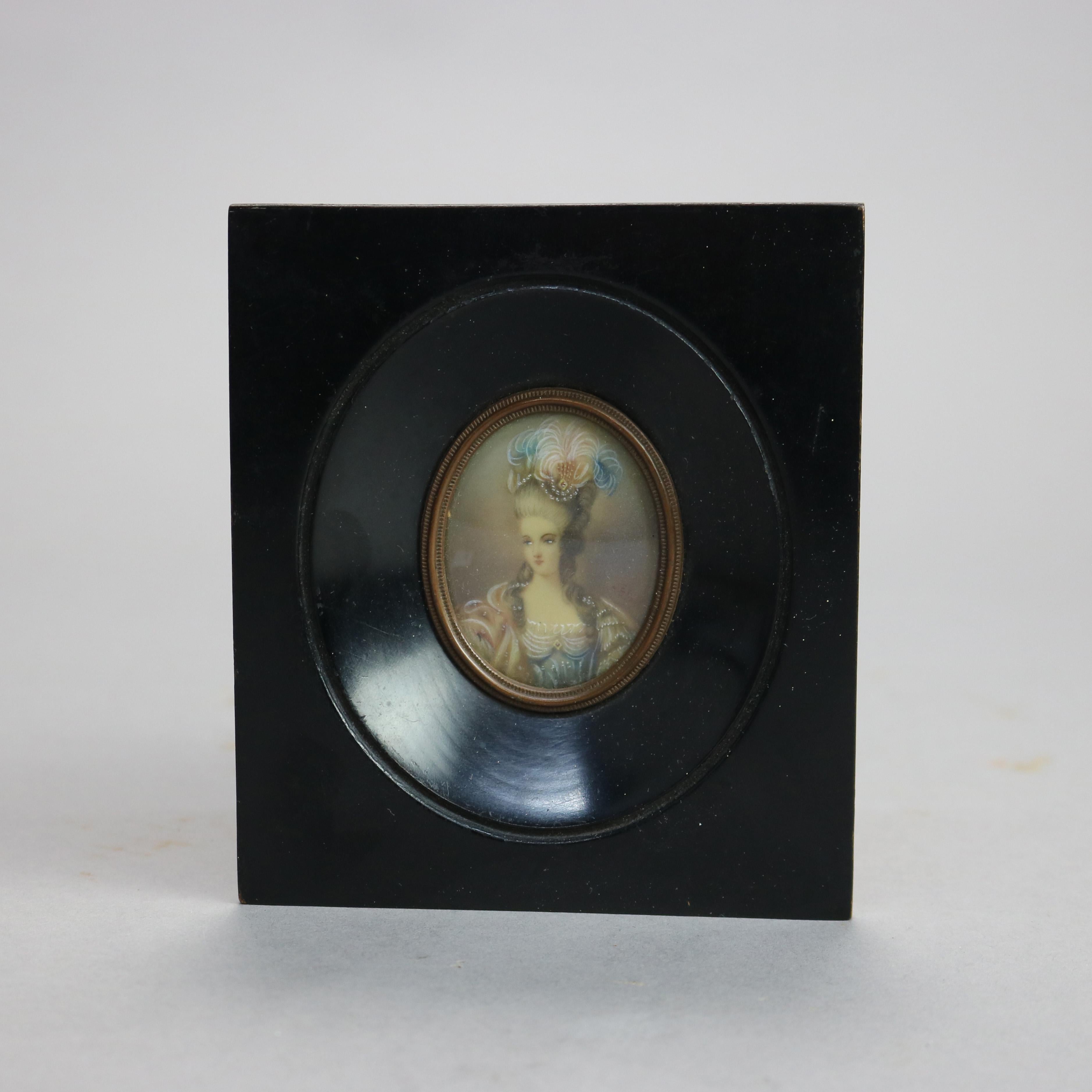 An antique miniature portrait painting on celluloid of Marie Antoinette seated in parcel gilt frame, artist signed Alex lower right, late 19th century

Measures - 4.75''H x 4.25''W x .75''D.

Catalogue Note: Ask about DISCOUNTED DELIVERY RATES