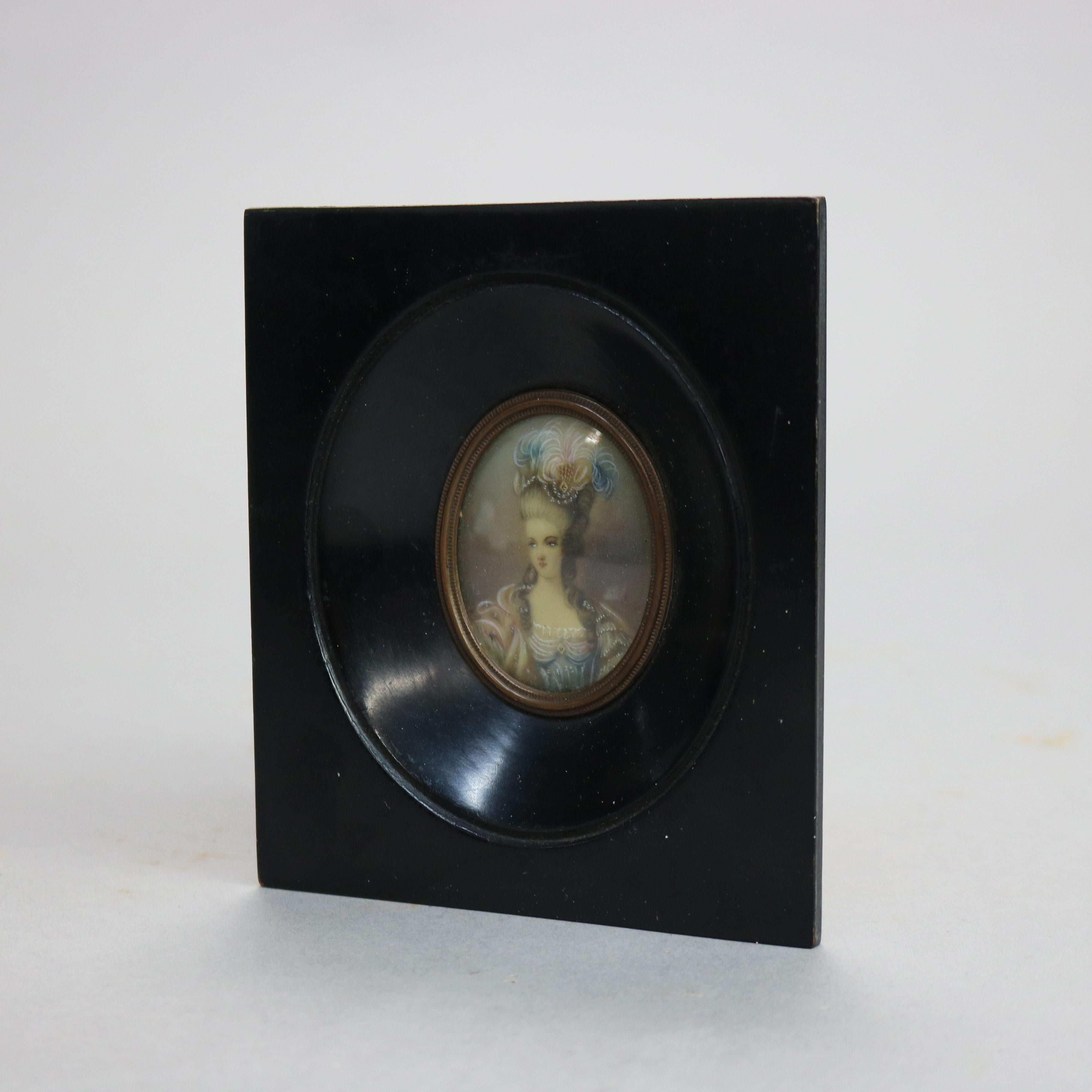 Hand-Painted Antique Miniature Portrait Painting on Celluloid of Marie Antoinette Late 19th C