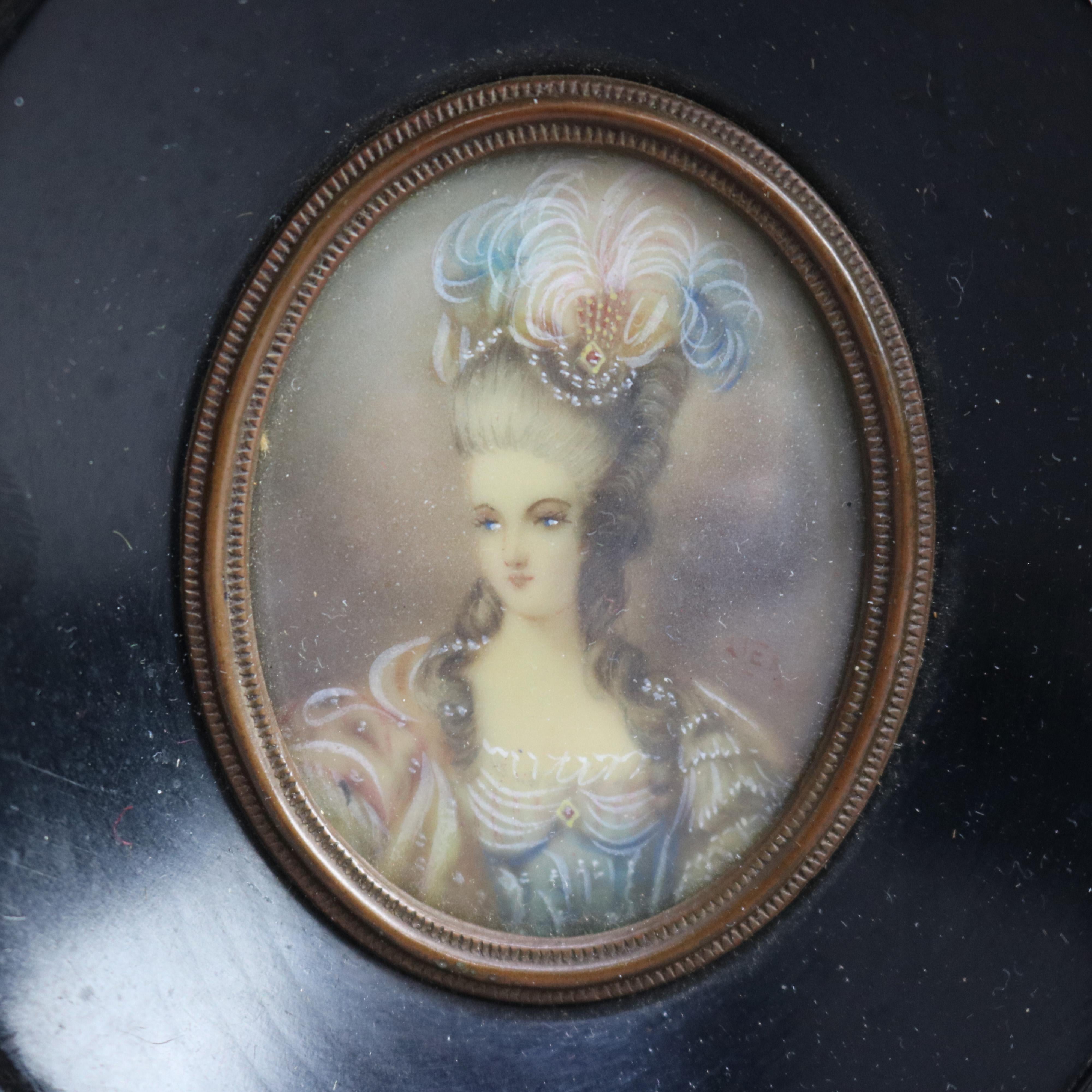 Antique Miniature Portrait Painting on Celluloid of Marie Antoinette Late 19th C In Good Condition In Big Flats, NY