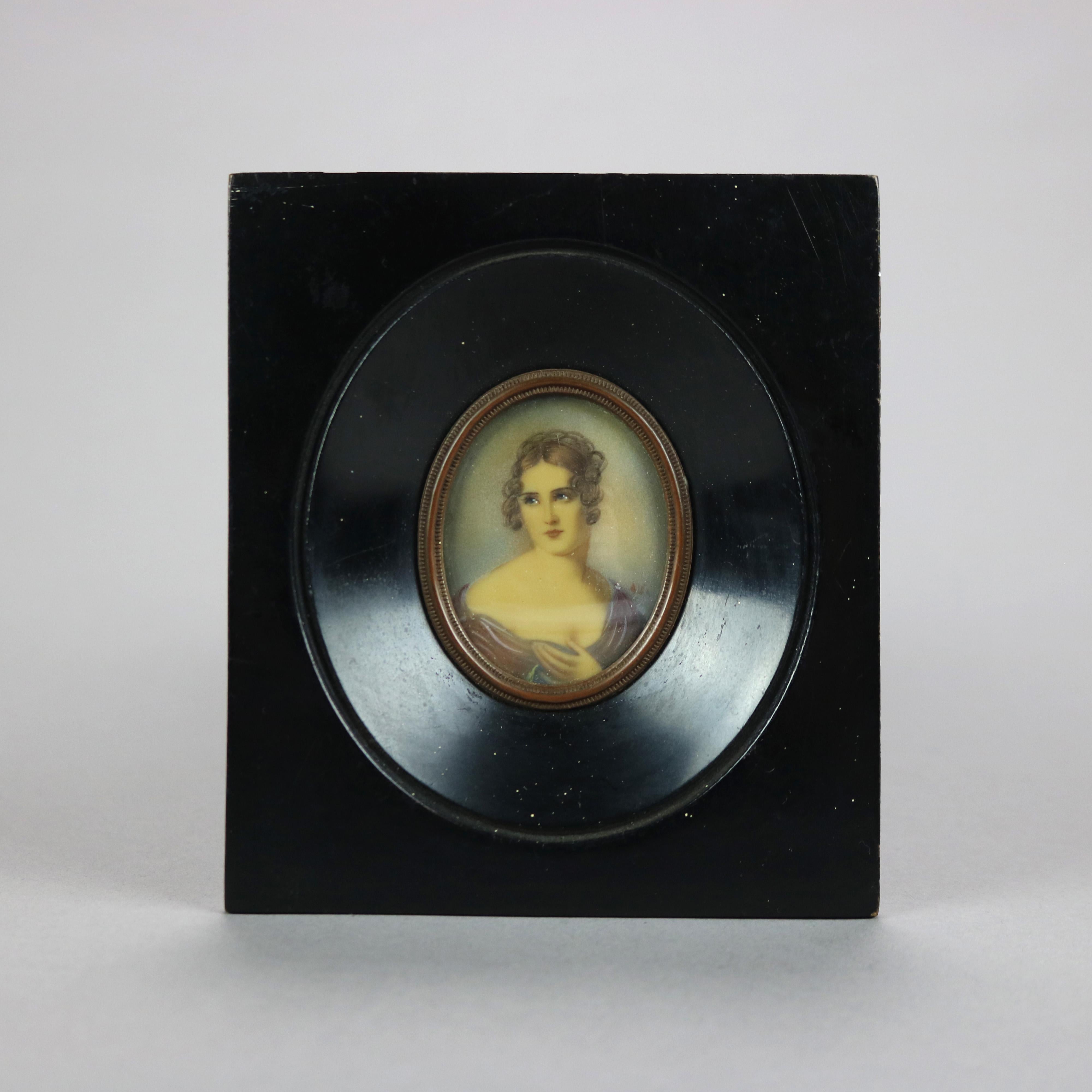 An antique miniature portrait painting on celluloid of Marie Antoinette seated in parcel gilt frame, artist signed Alex lower right, late 19th century

Measures - 4.75''H x 4''W x .75''D

Catalogue Note: Ask about DISCOUNTED DELIVERY RATES available