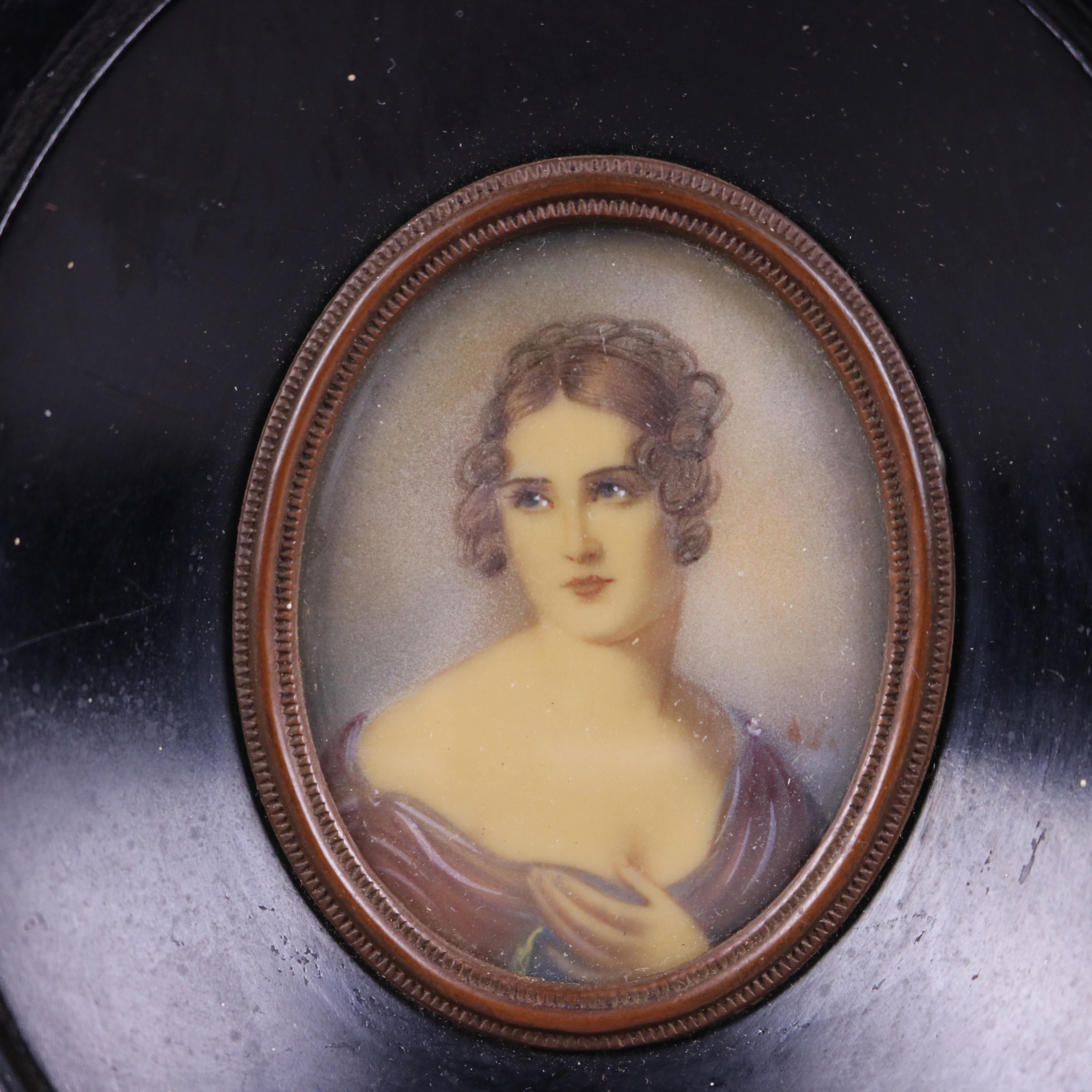 Antique Miniature Portrait Painting on Celluloid of Young Lady Late 19th C In Good Condition In Big Flats, NY
