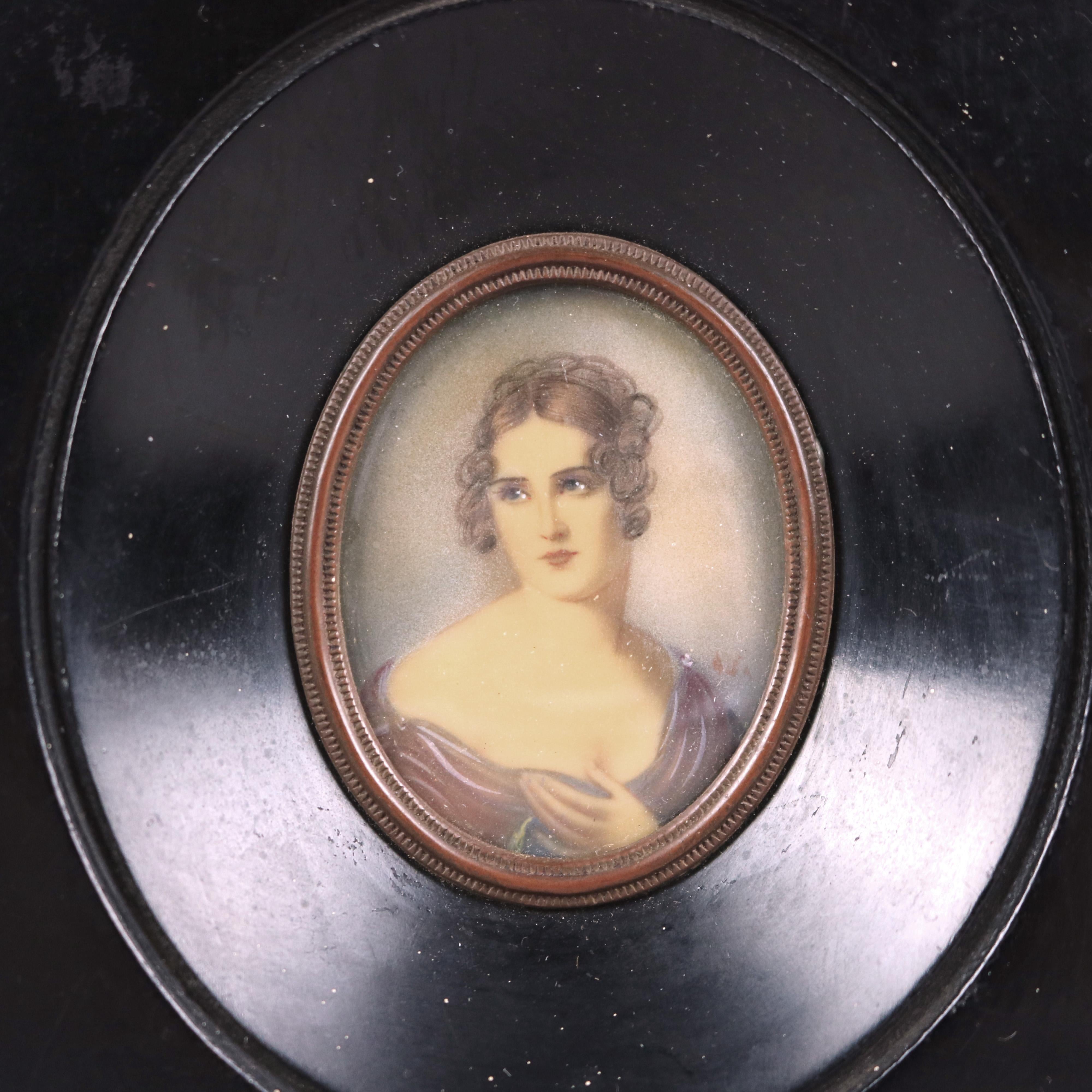 19th Century Antique Miniature Portrait Painting on Celluloid of Young Lady Late 19th C