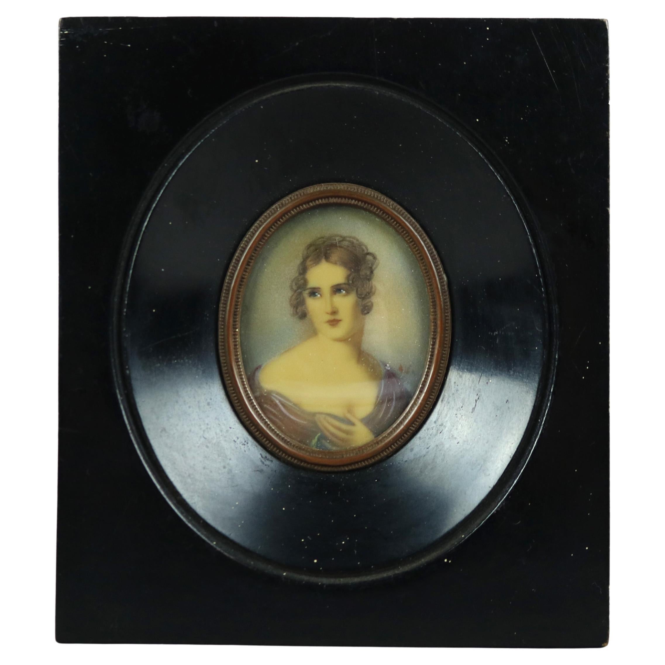 Antique Miniature Portrait Painting on Celluloid of Young Lady Late 19th C