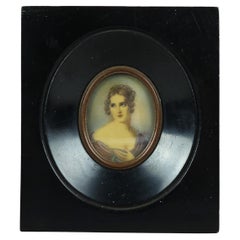 Antique Miniature Portrait Painting on Celluloid of Young Lady Late 19th C