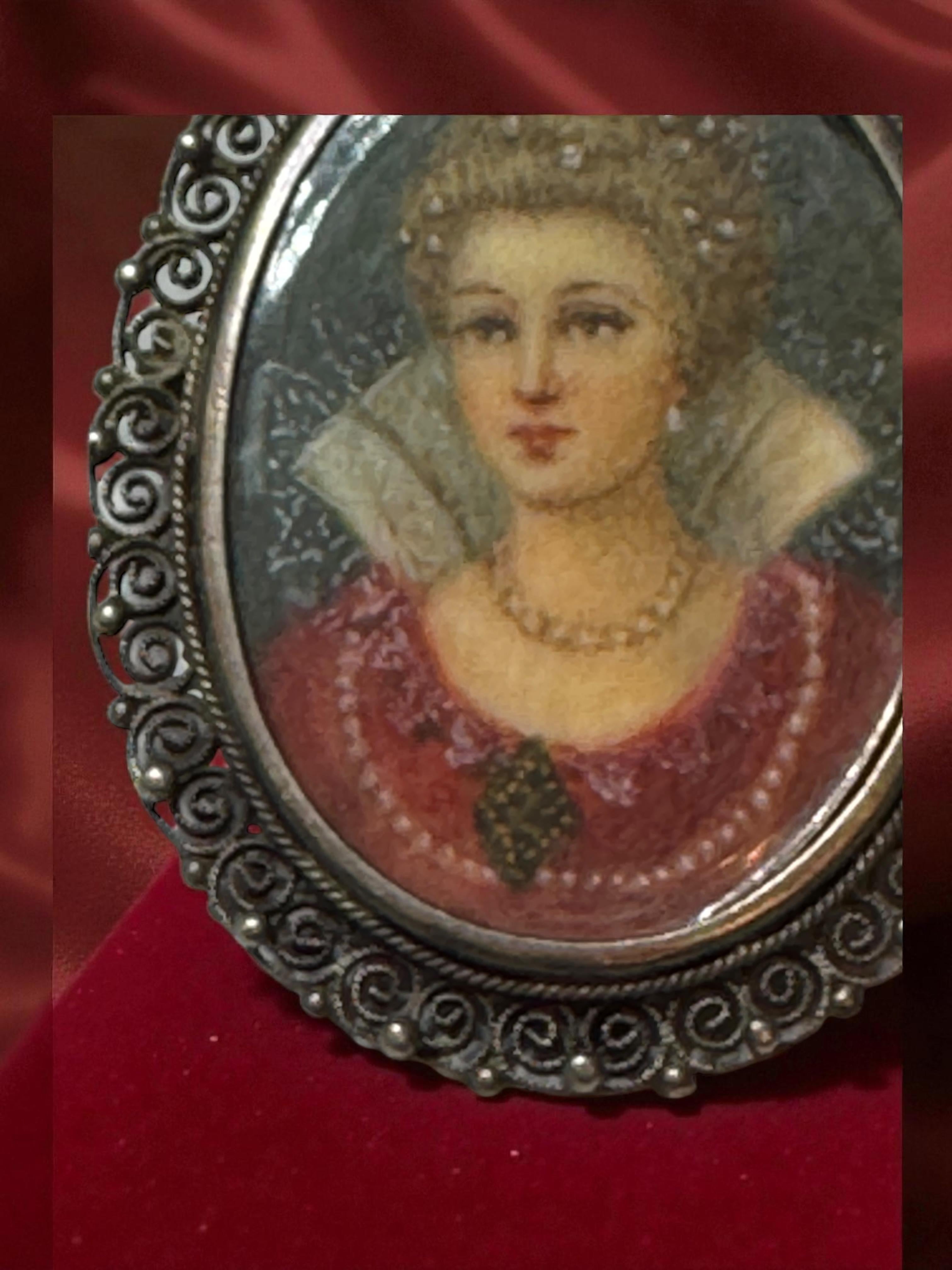 Antica spilla pendente con ritratto in miniatura in argento 800, Francia 1900 o più vecchia in vendita 10