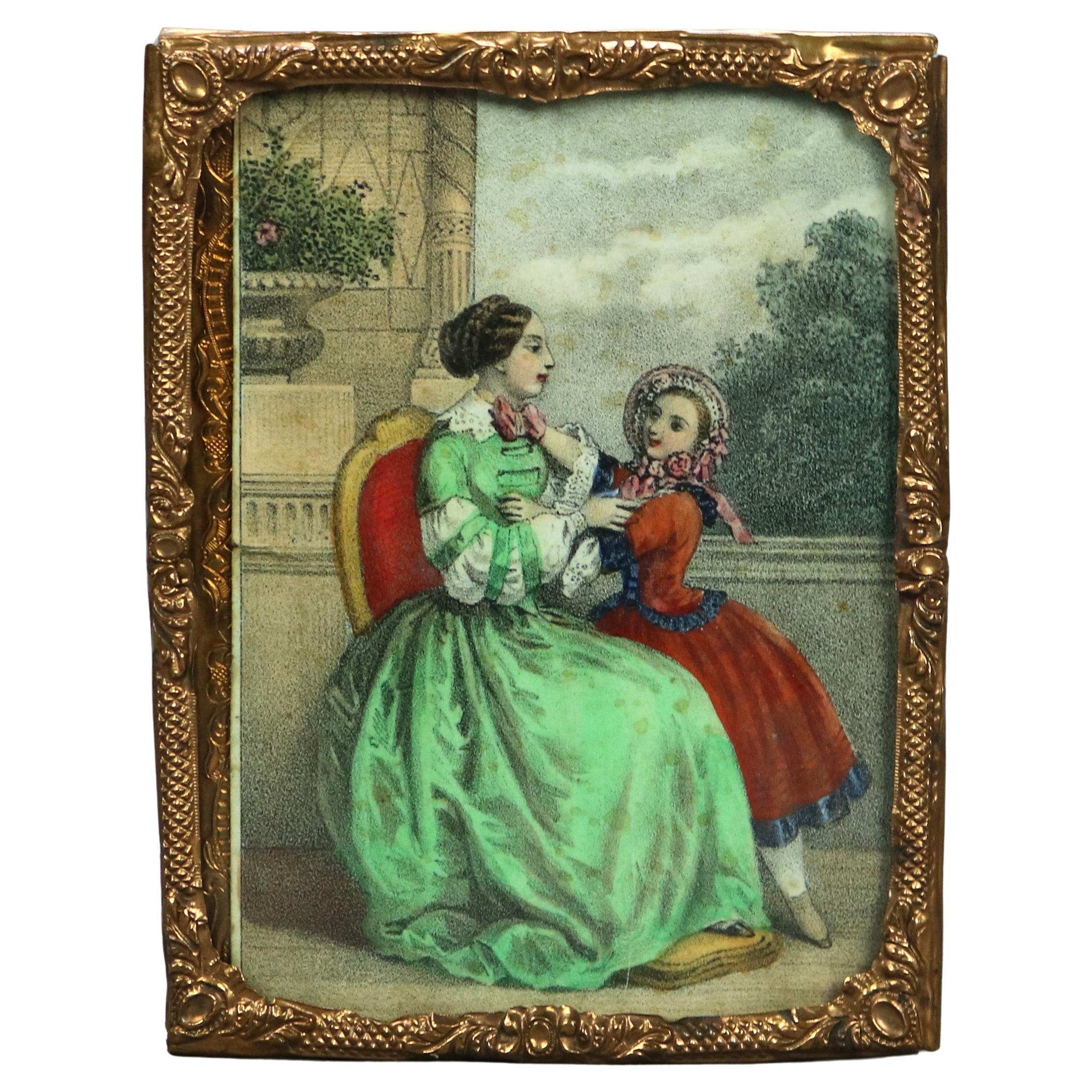 Antique Miniature Print of Woman & Child, Framed, 19thC