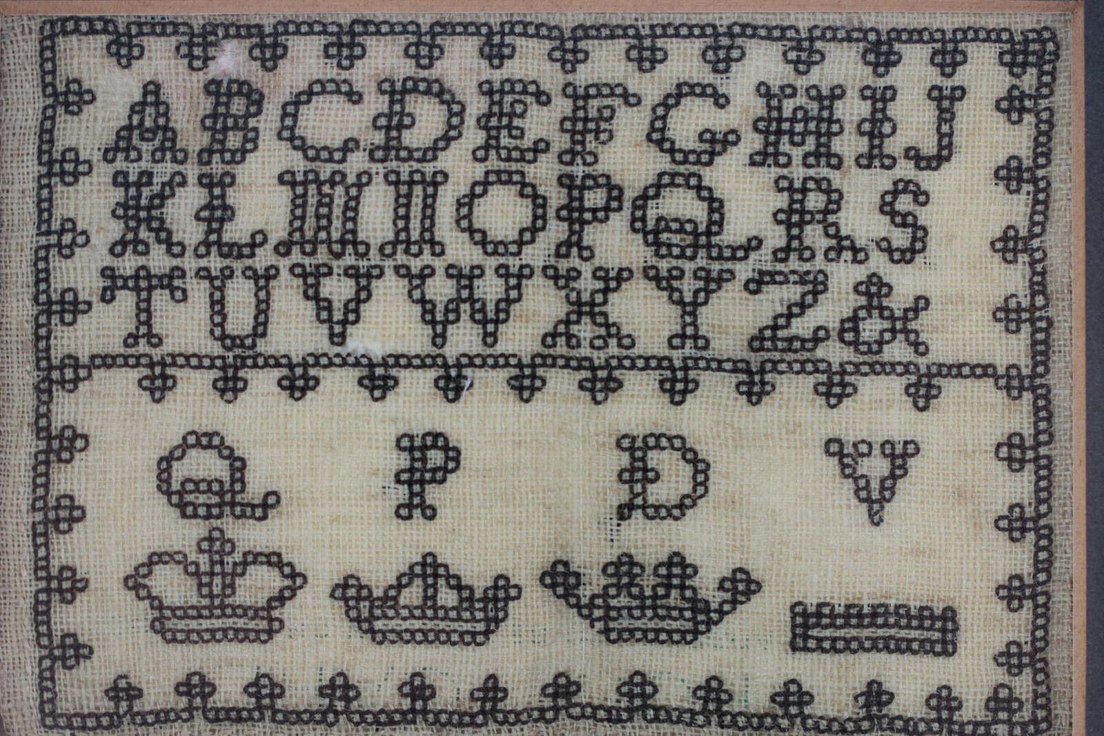 English Antique Miniature Sampler, c.1835, with Crowns