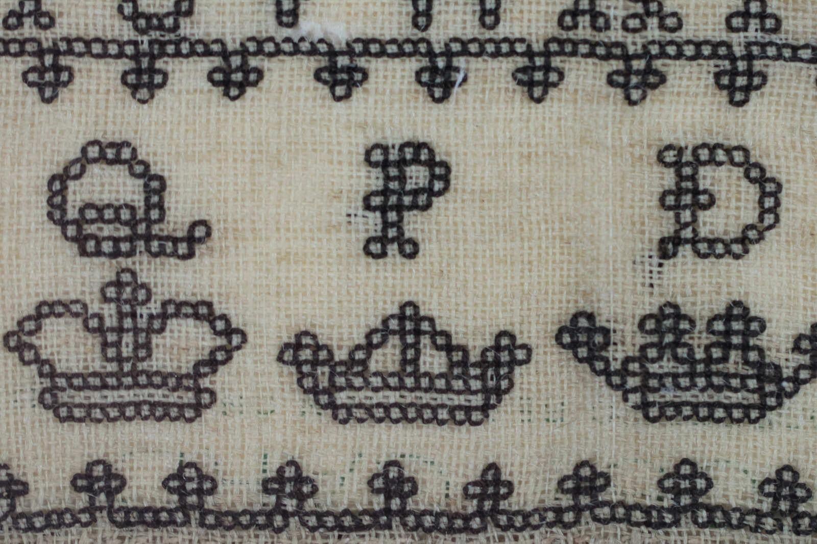 Mid-19th Century Antique Miniature Sampler, c.1835, with Crowns