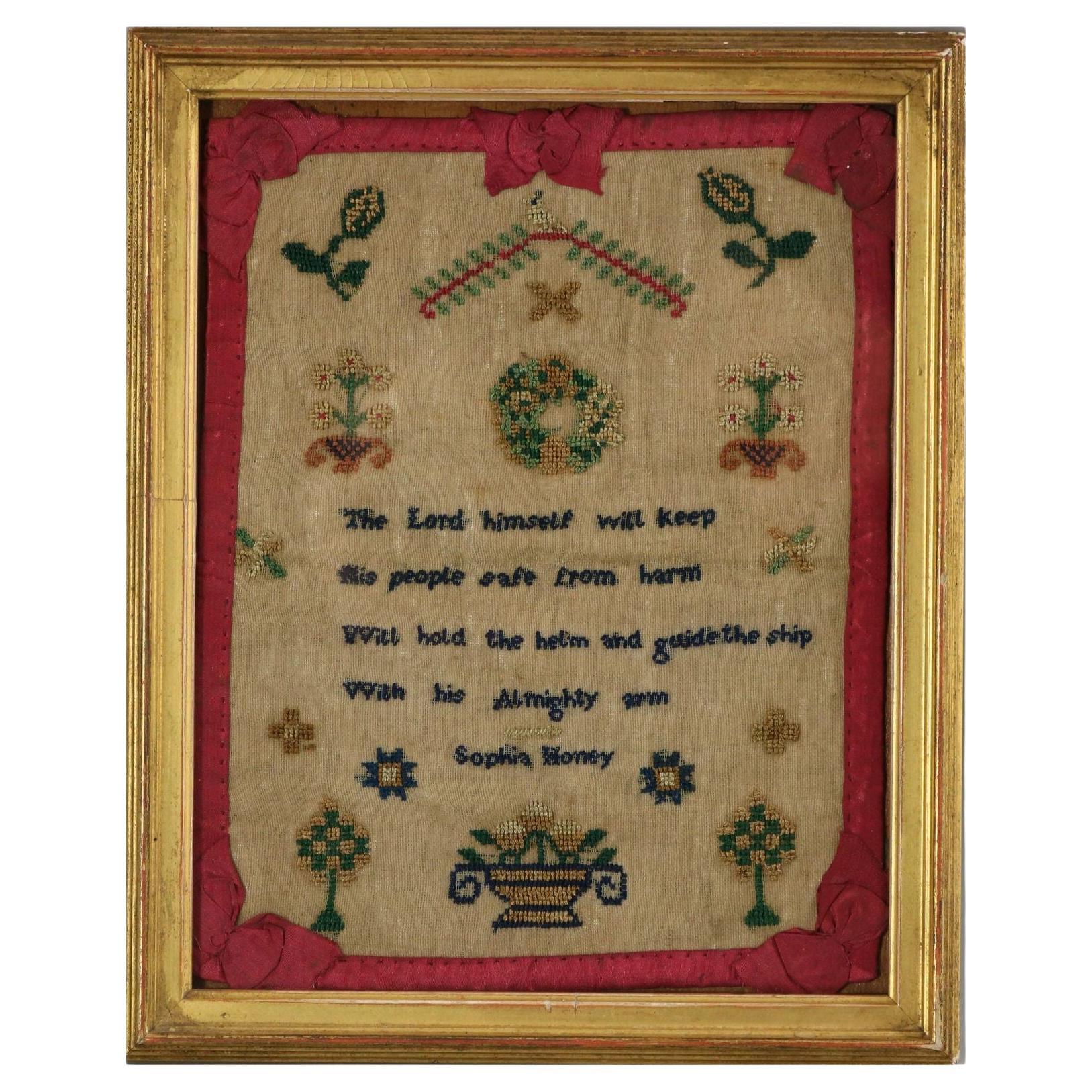 Sampler miniature ancien, circa 1800, par Sophia Honey