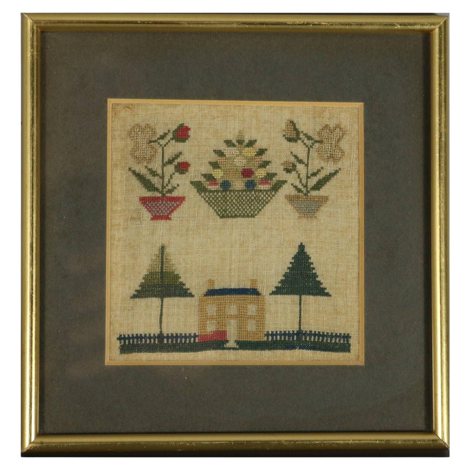 Antique Miniature Sampler with House For Sale