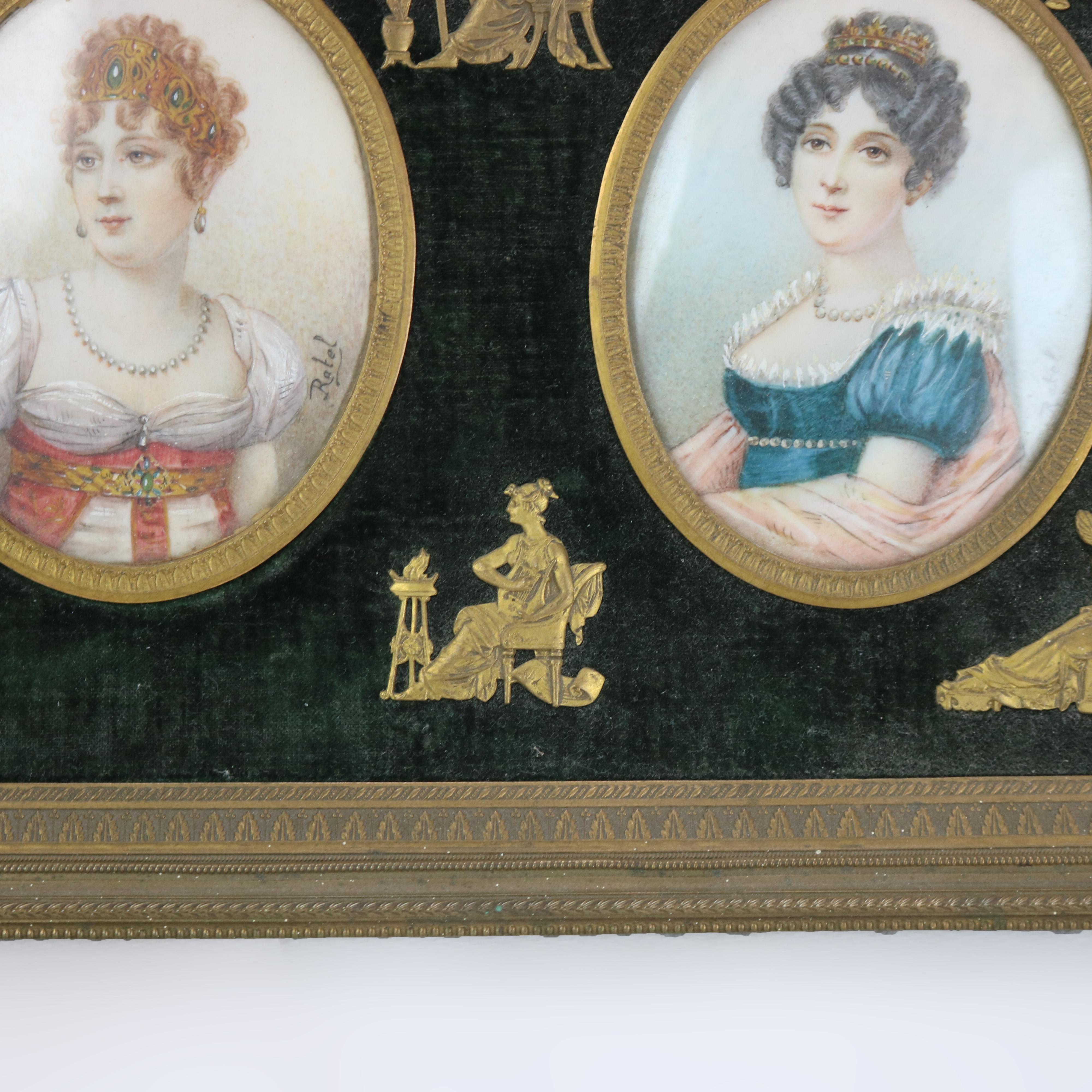 Antique Miniature Triptych in Neoclassical Frame, Portraits on Celluloid, 19thC 6