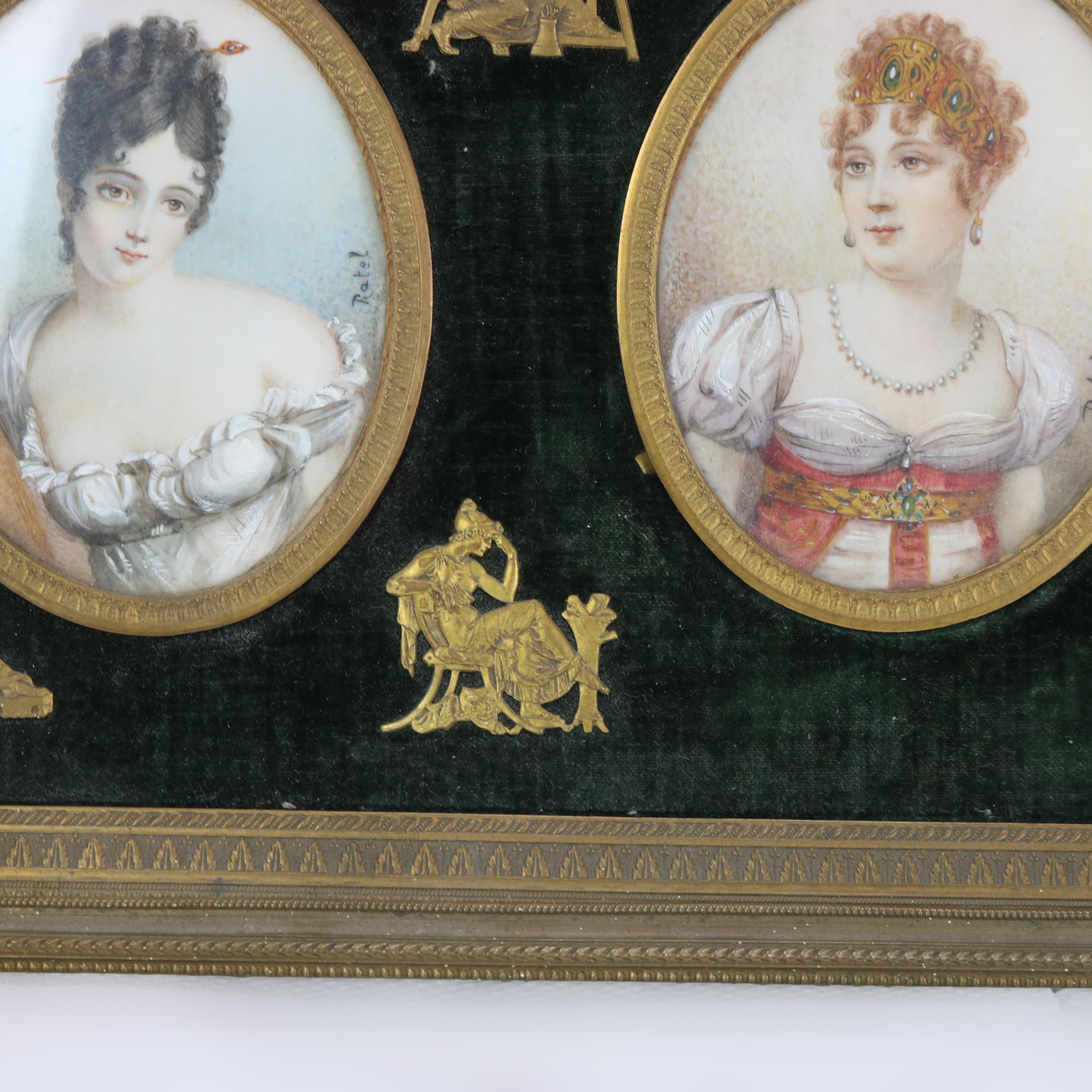 Antique Miniature Triptych in Neoclassical Frame, Portraits on Celluloid, 19thC 7