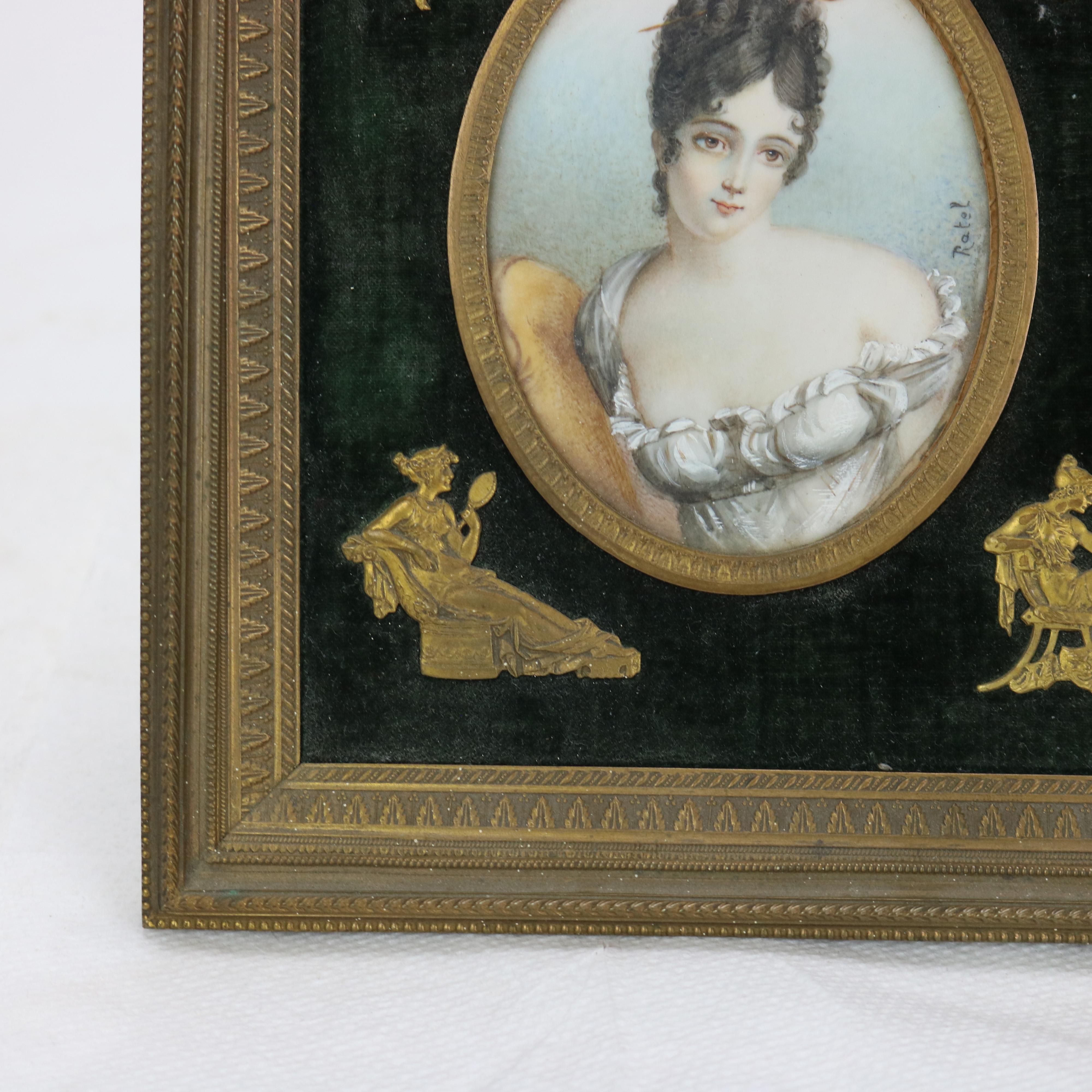 Antique Miniature Triptych in Neoclassical Frame, Portraits on Celluloid, 19thC 8