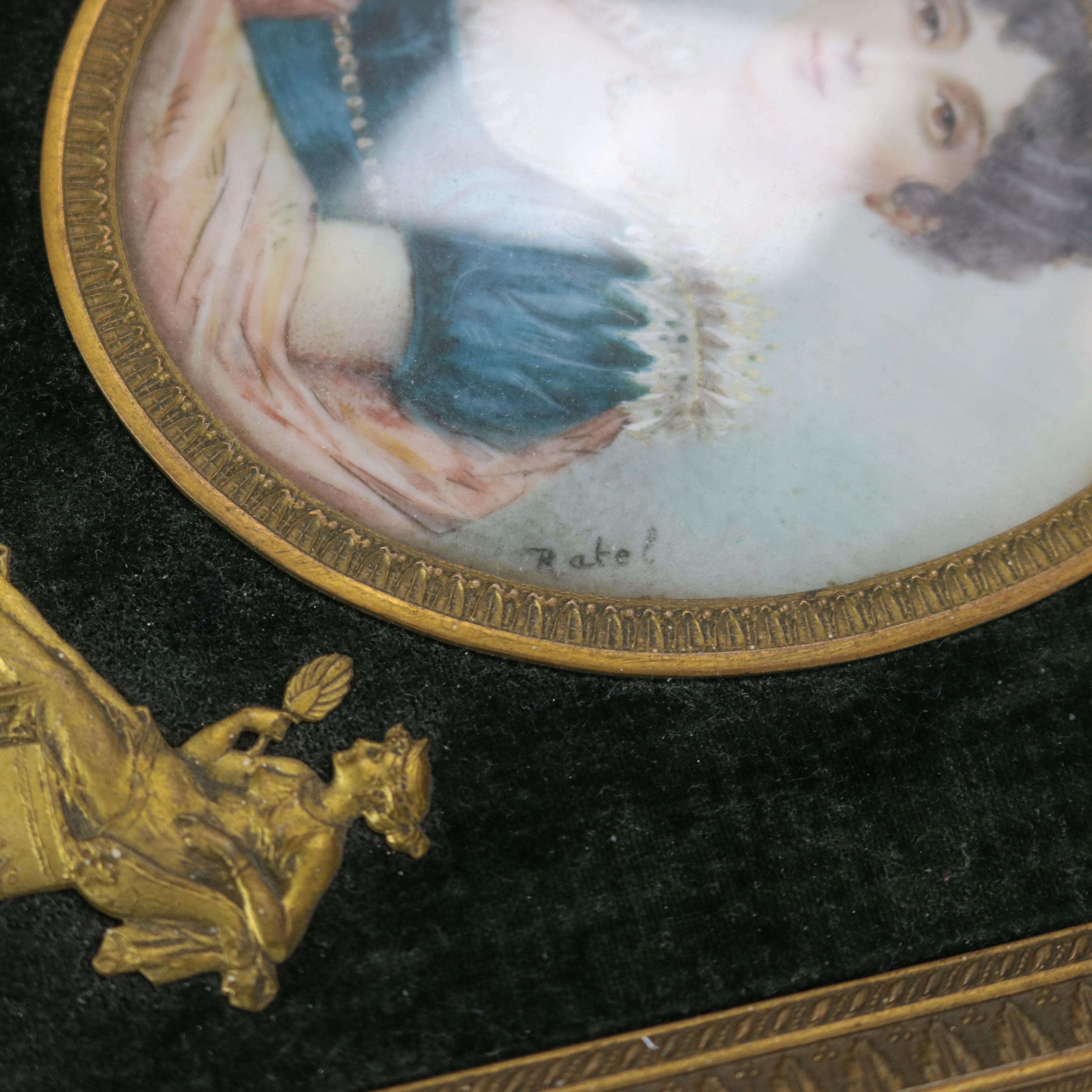 Antique Miniature Triptych in Neoclassical Frame, Portraits on Celluloid, 19thC 10