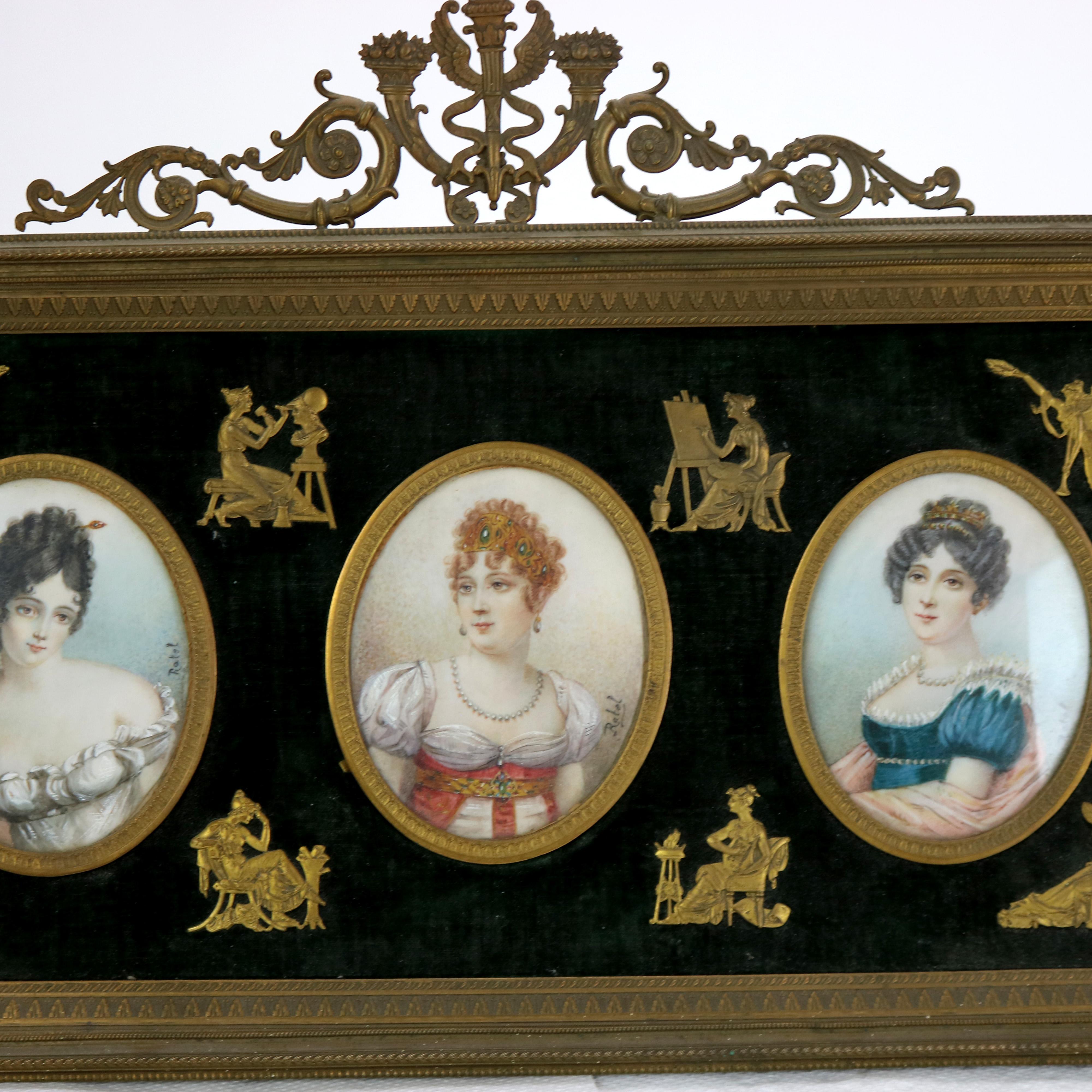 Antique Miniature Triptych in Neoclassical Frame, Portraits on Celluloid, 19thC In Good Condition In Big Flats, NY