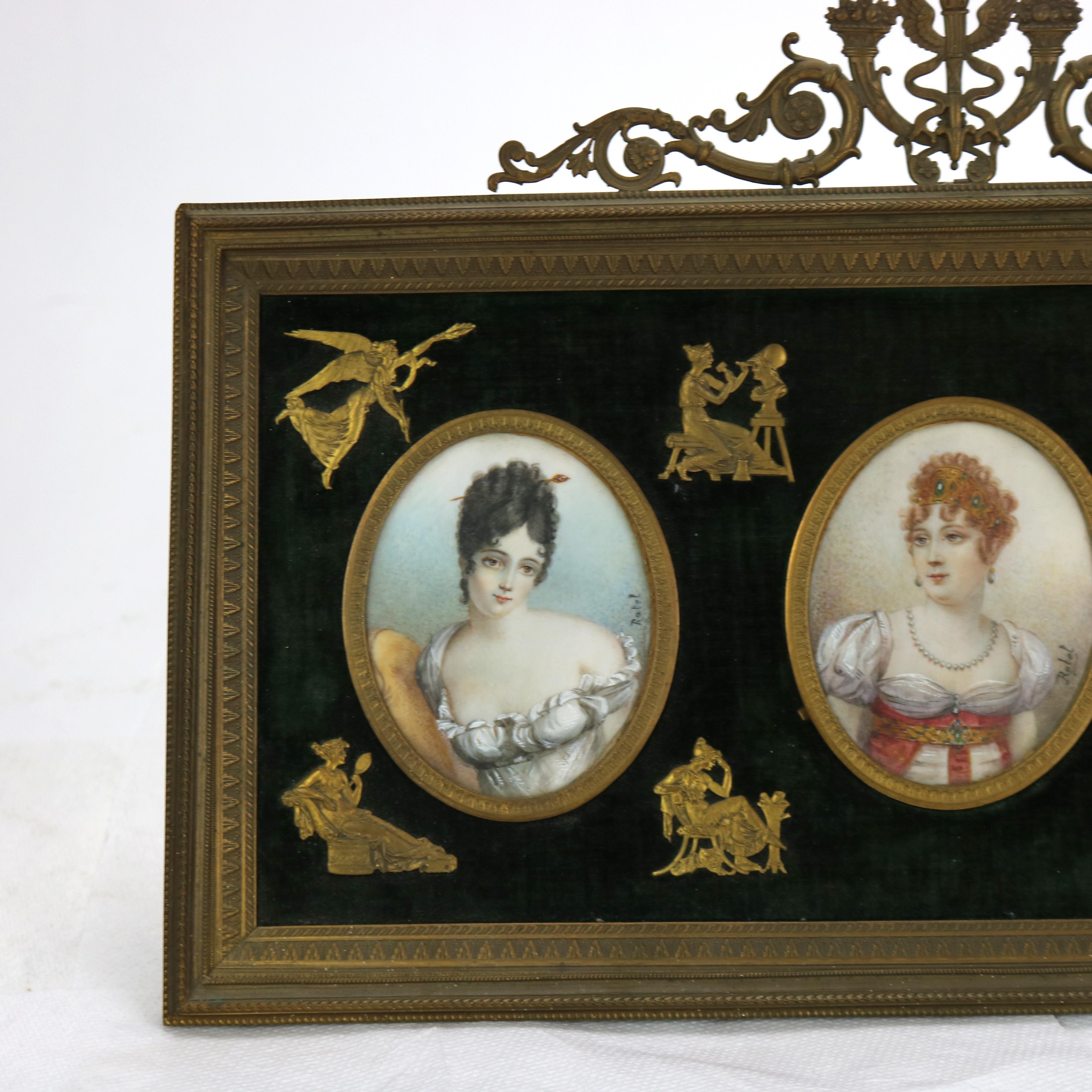 19th Century Antique Miniature Triptych in Neoclassical Frame, Portraits on Celluloid, 19thC