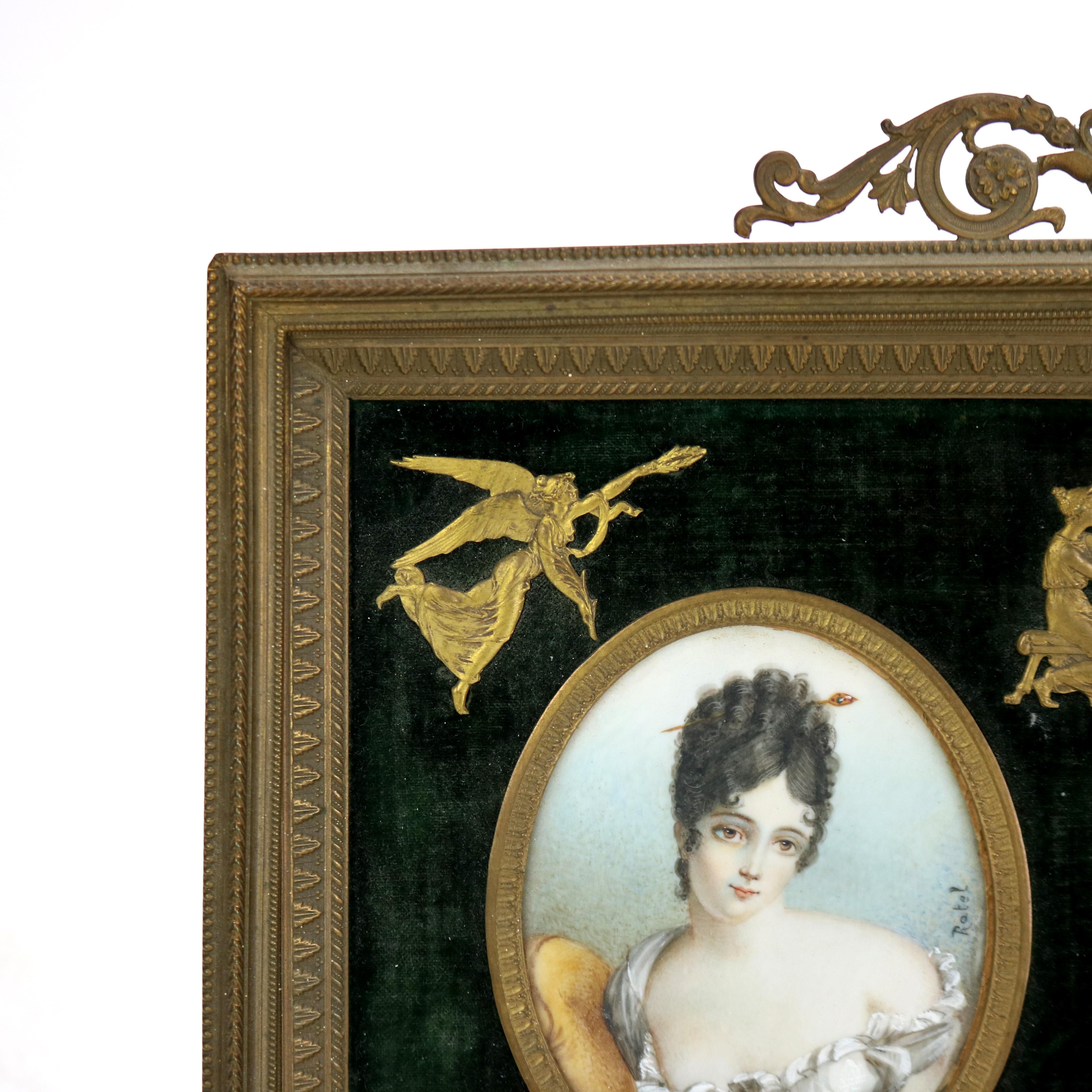 Antique Miniature Triptych in Neoclassical Frame, Portraits on Celluloid, 19thC 1