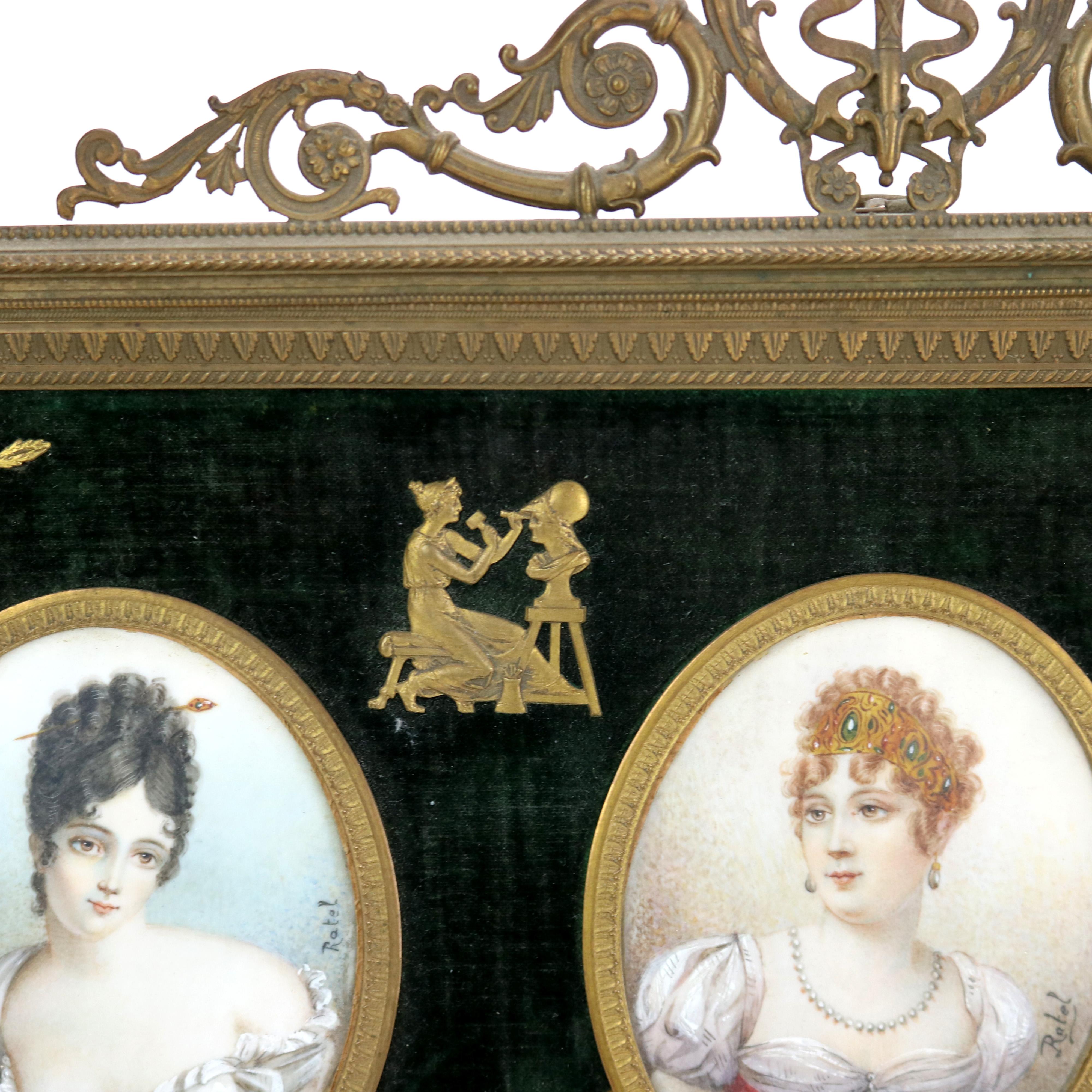 Antique Miniature Triptych in Neoclassical Frame, Portraits on Celluloid, 19thC 2