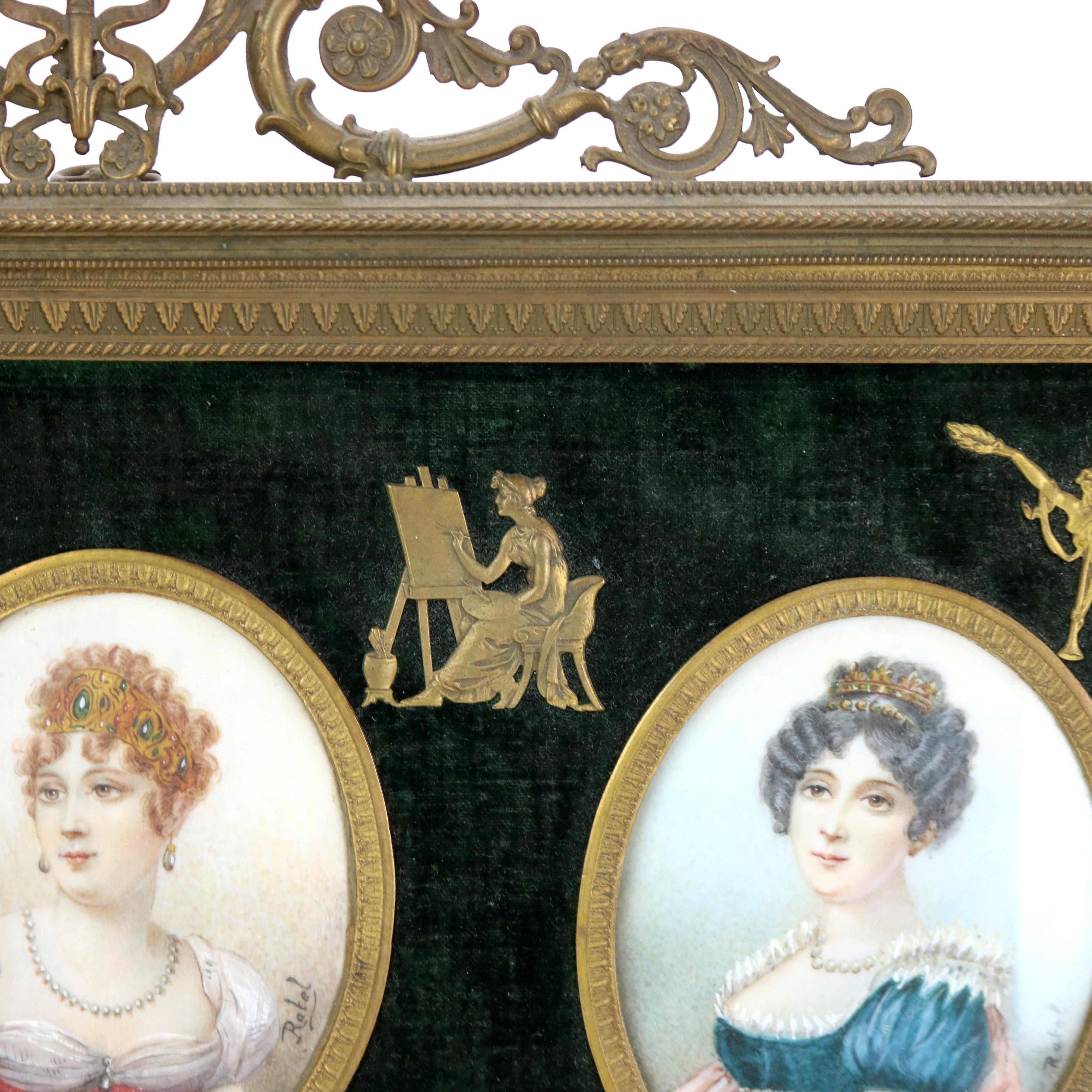 Antique Miniature Triptych in Neoclassical Frame, Portraits on Celluloid, 19thC 3