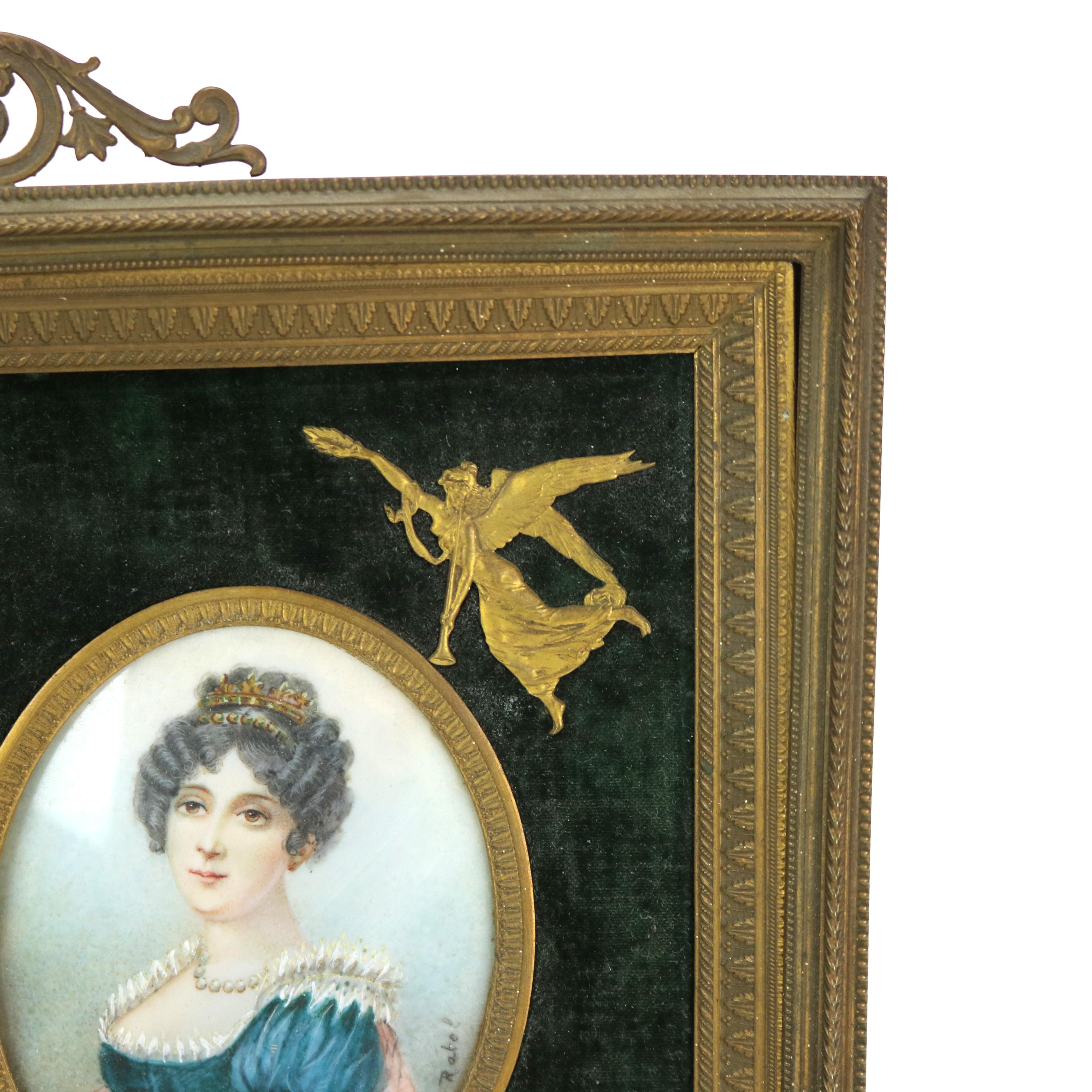 Antique Miniature Triptych in Neoclassical Frame, Portraits on Celluloid, 19thC 4