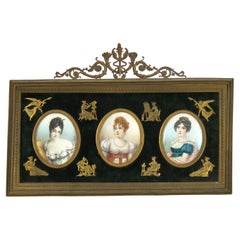 Antique Miniature Triptych in Neoclassical Frame, Portraits on Celluloid, 19thC