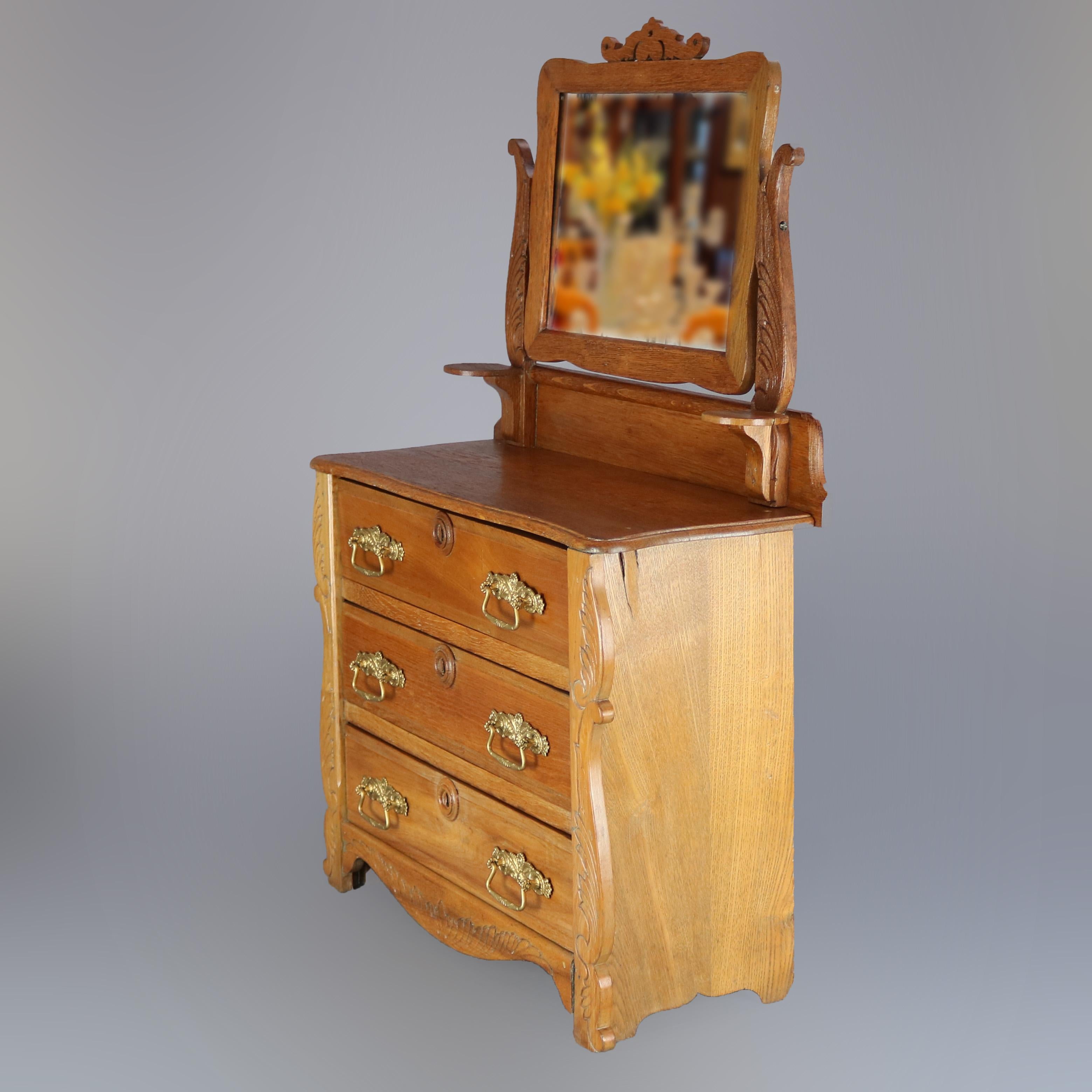 Antique Miniature Victorian Carved Oak Child's Dresser with Mirror, circa 1900 2