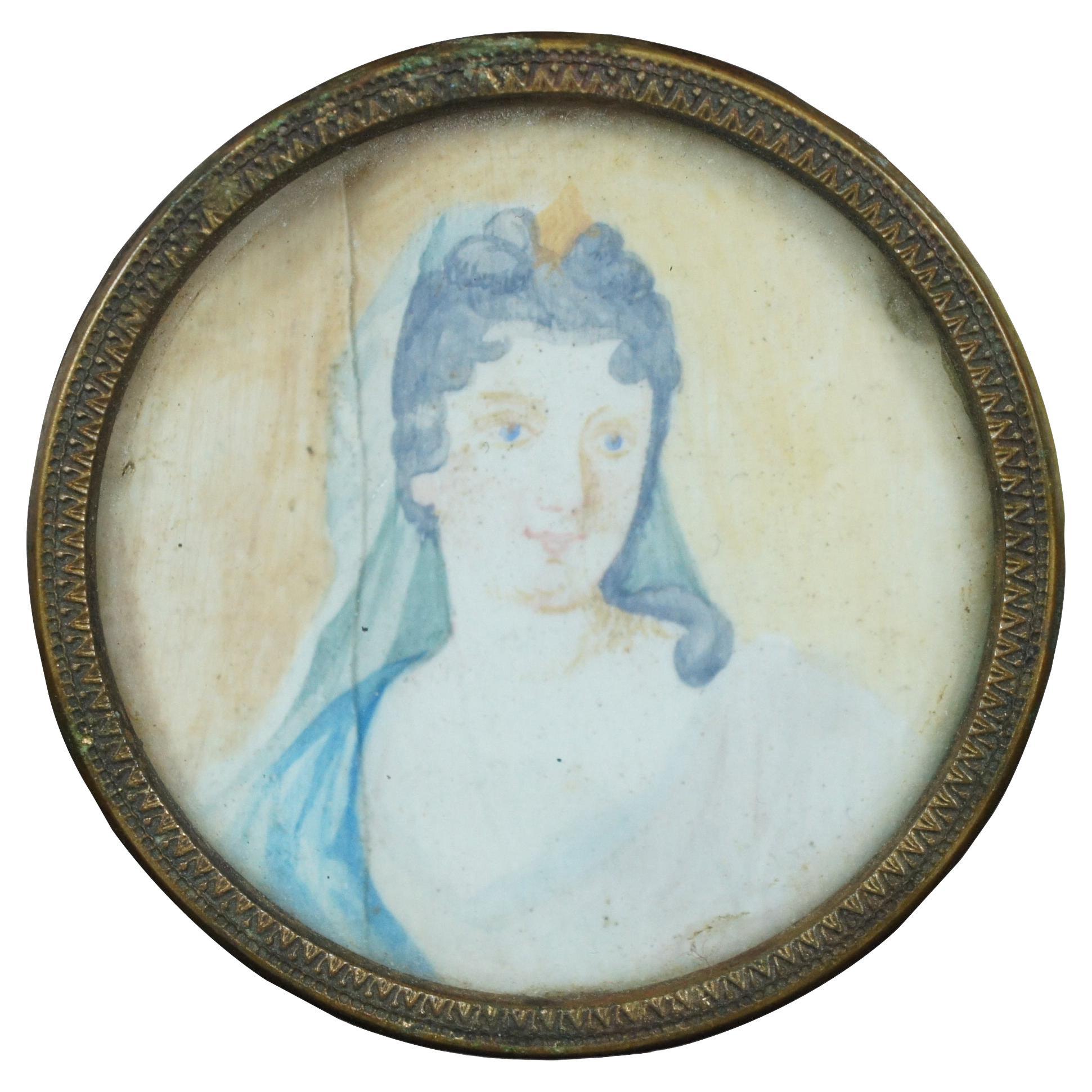 Peinture à l'aquarelle miniature ancienne avec cadre néoclassique représentant un portrait de femme