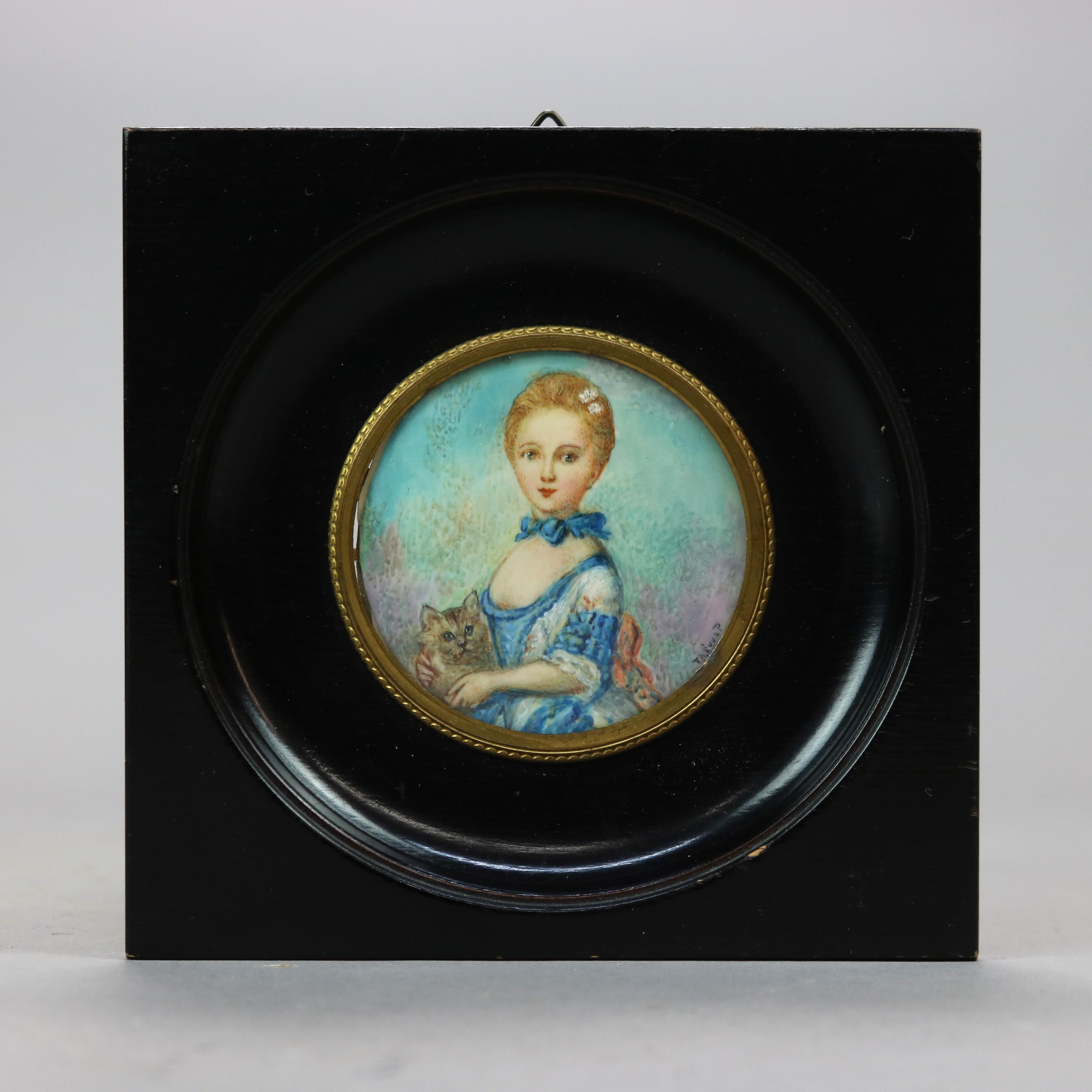 An antique miniature watercolor painting offers portrait of a young woman with her cat, artist signed, seated in ebonized frame with gilt trim, c1920

Measures - 5.5'' H x 5.5'' W x .5'' D.