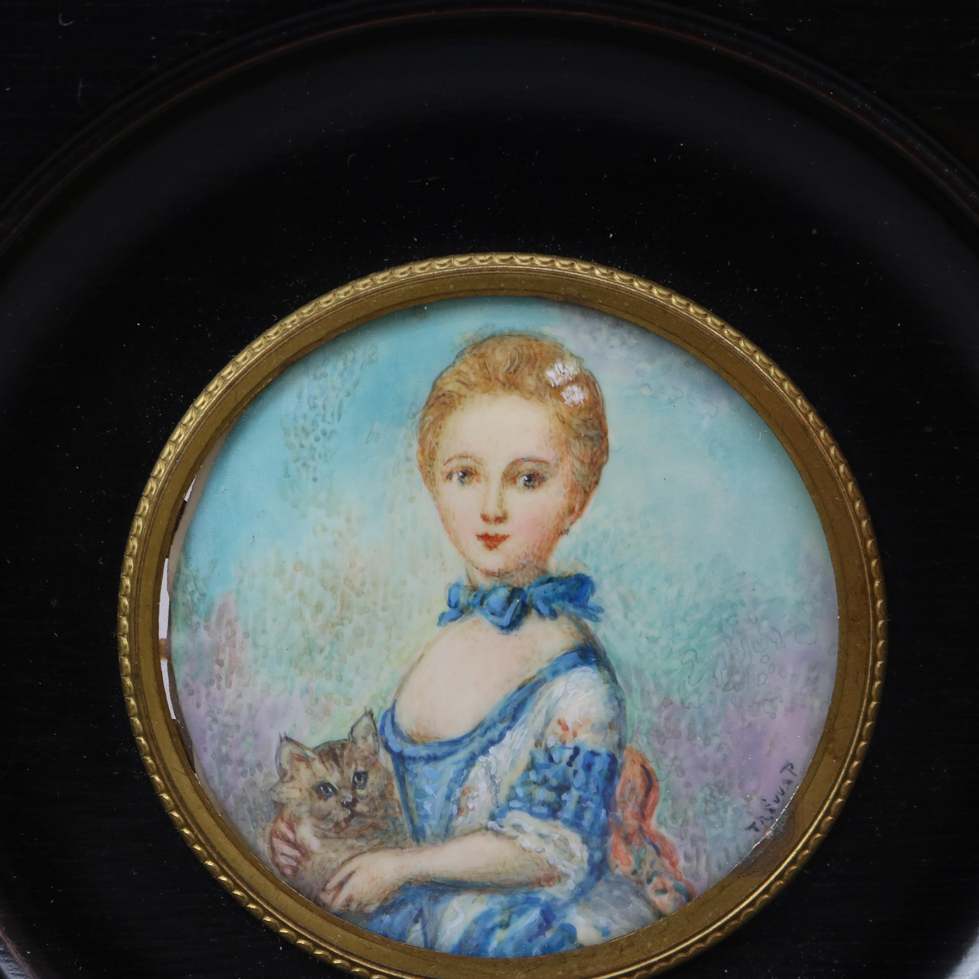 20th Century Antique Miniature Watercolor Portrait Painting, Girl & Cat, Artist Signed, c1920