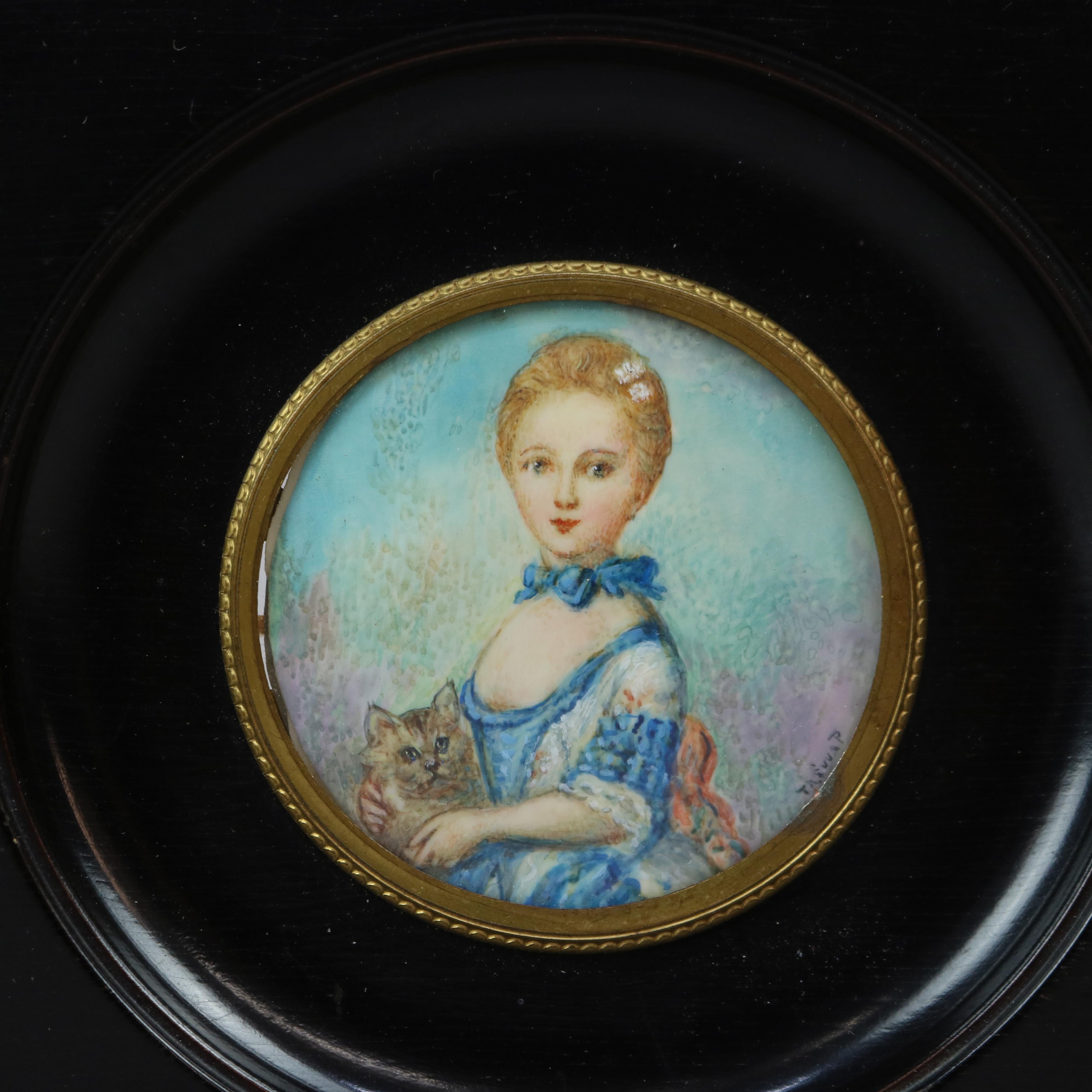 Antique Miniature Watercolor Portrait Painting, Girl & Cat, Artist Signed, c1920 1