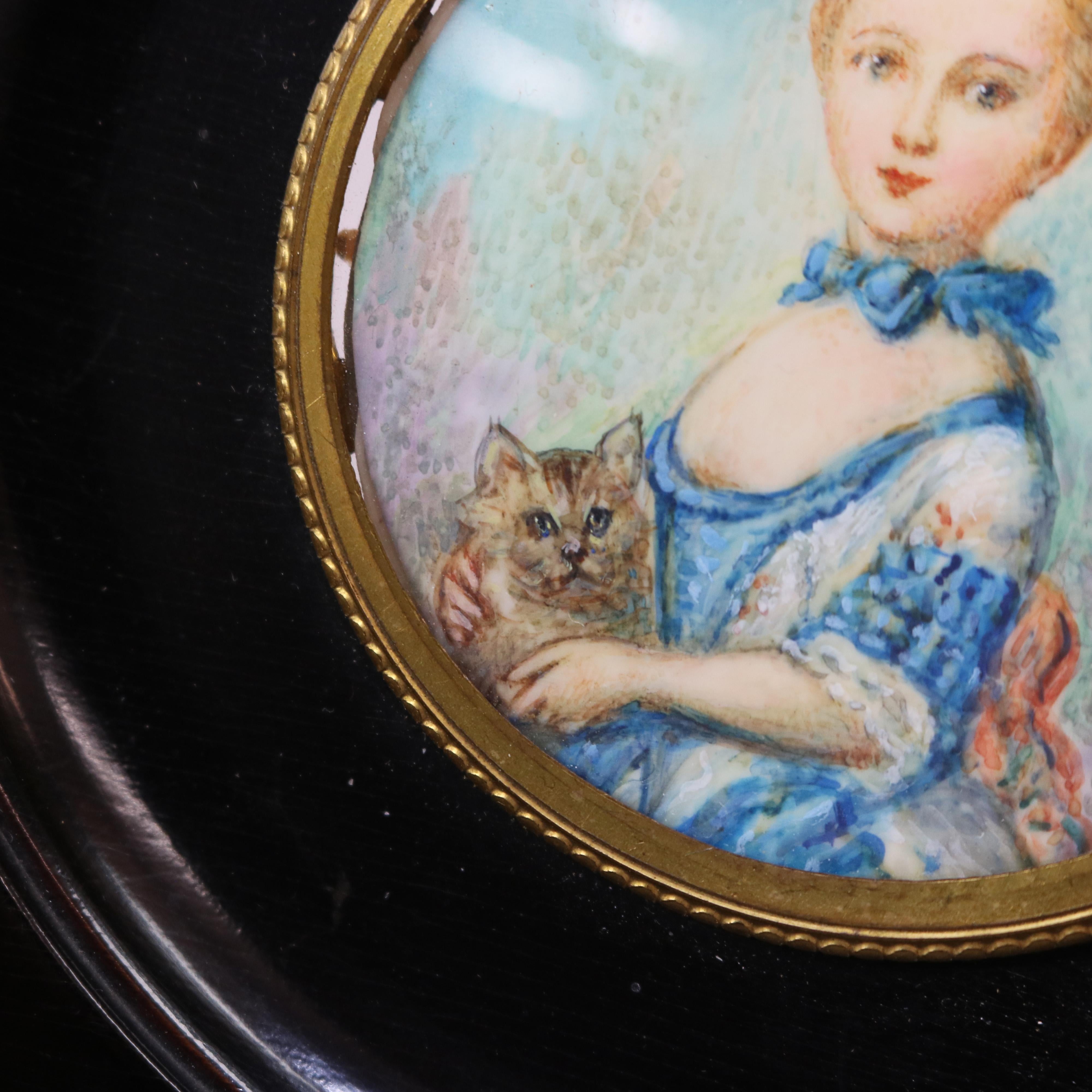 Antique Miniature Watercolor Portrait Painting, Girl & Cat, Artist Signed, c1920 3