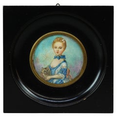 Antique Miniature Watercolor Portrait Painting, Girl & Cat, Artist Signed, c1920