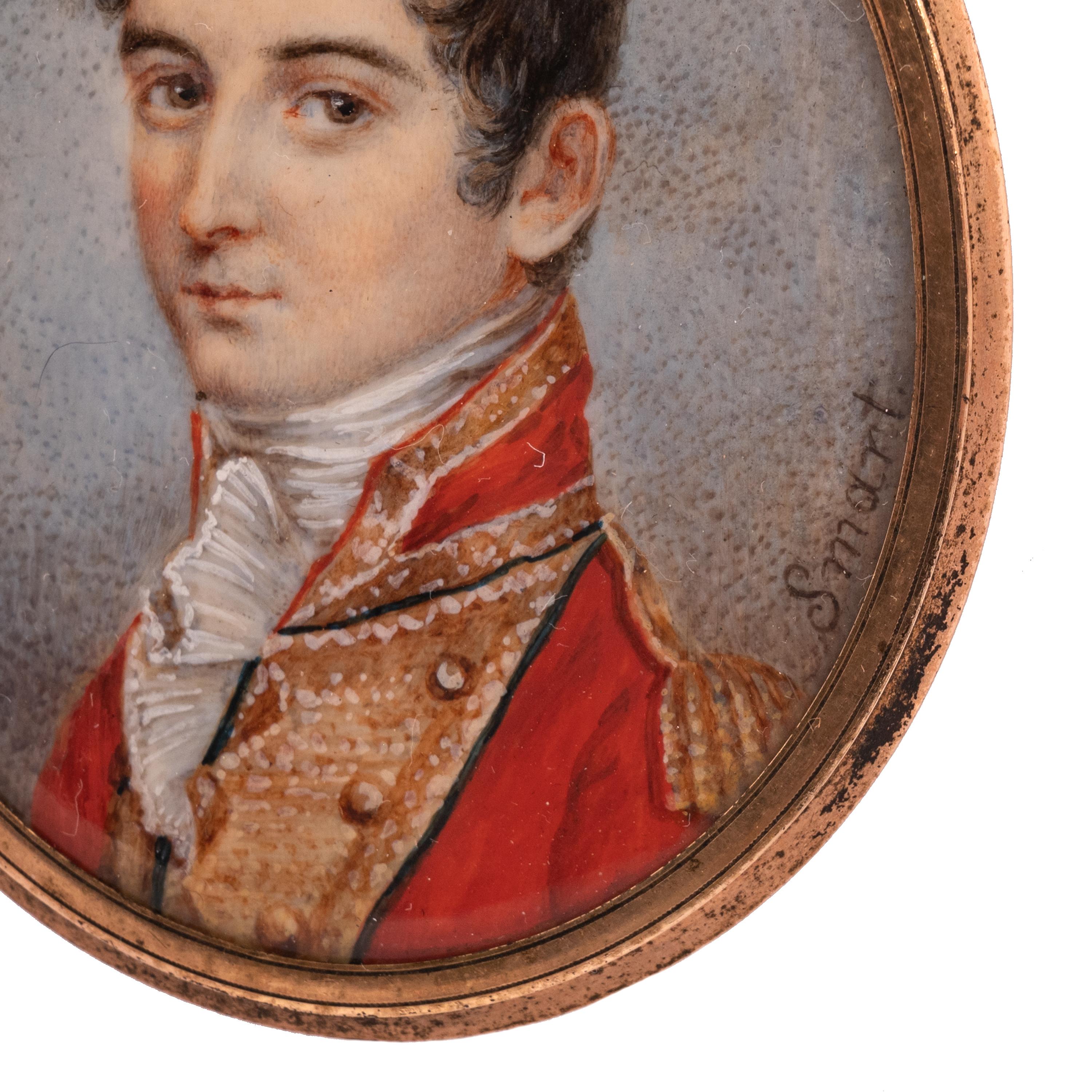 A fine antique miniature portrait painting, John Smart (1741-1811). The painting circa 1780.
A very handsome portrait miniature of a young military officer, painted on an ivory wafer and signed 