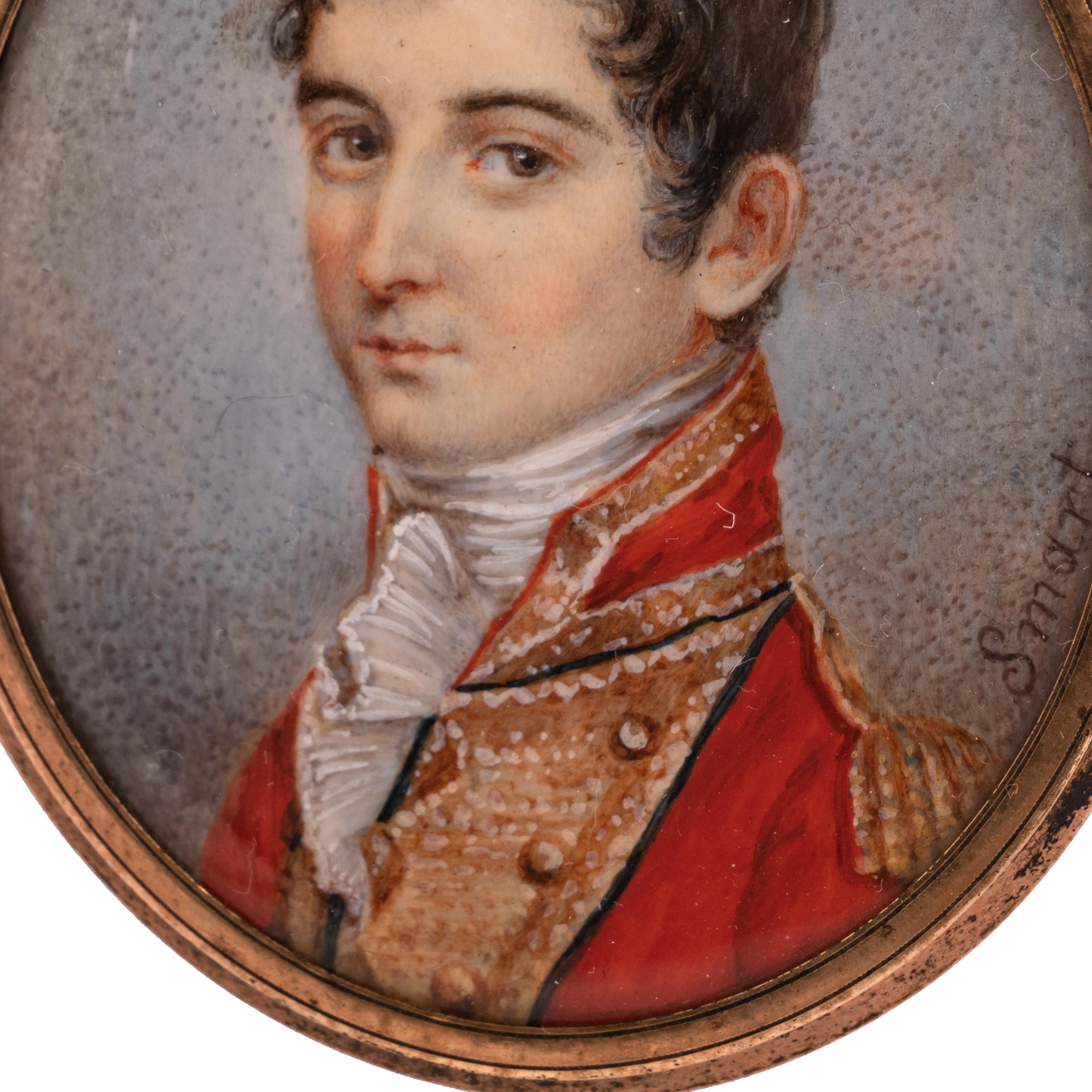 Anglais Antique Miniature Jeune Homme Officier Militaire Portrait Painting John Smart, 1780 en vente