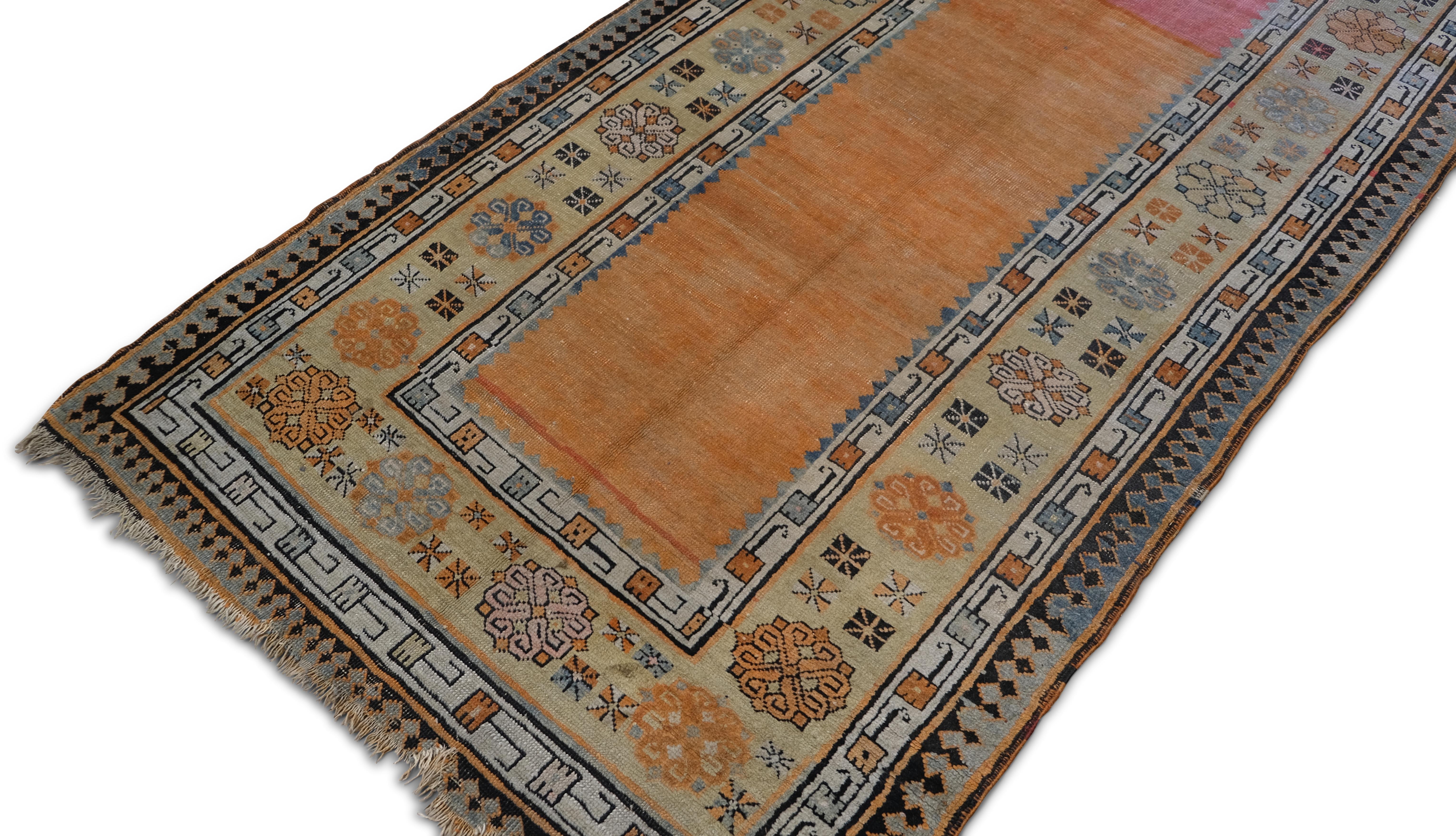 Arts and Crafts Antique Minimalist Field and Ornate Bordered Karabagh Runner 3'7''x7'9'' For Sale