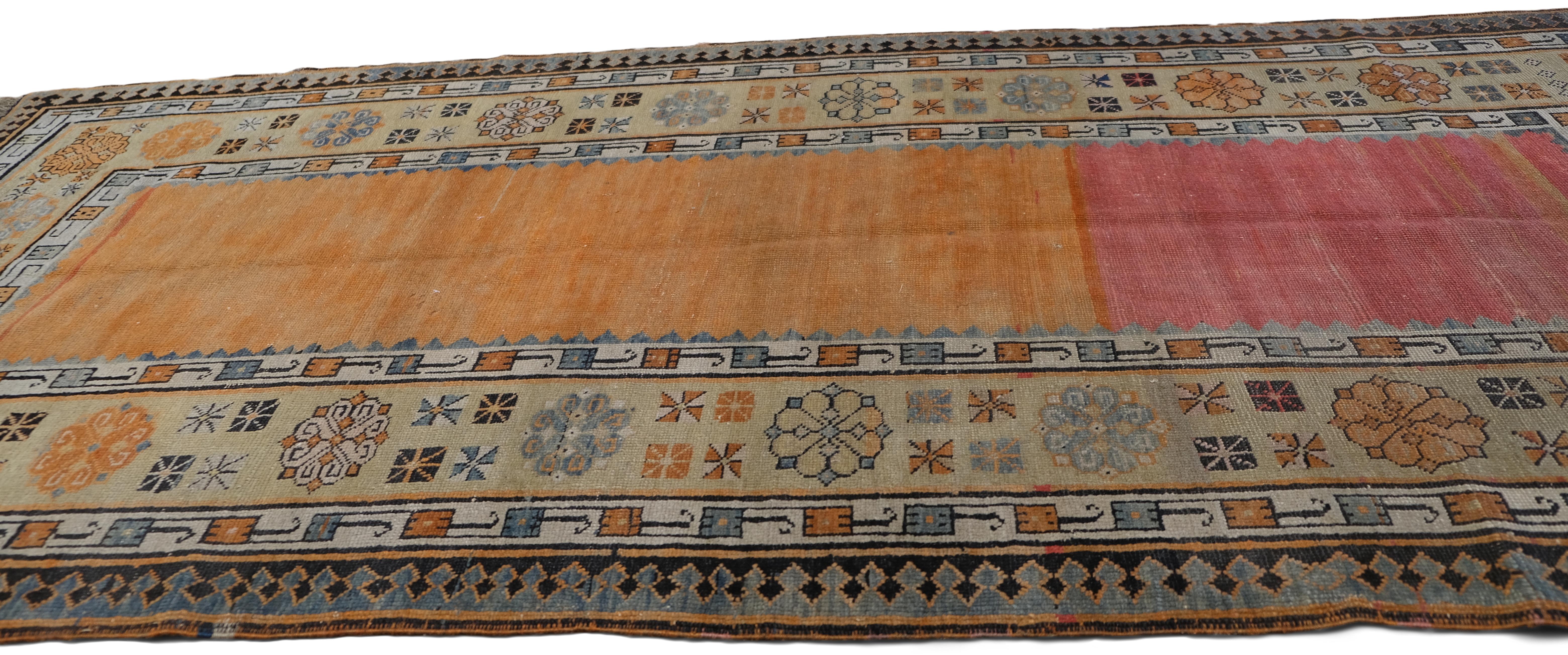 Caucasian Antique Minimalist Field and Ornate Bordered Karabagh Runner 3'7''x7'9'' For Sale