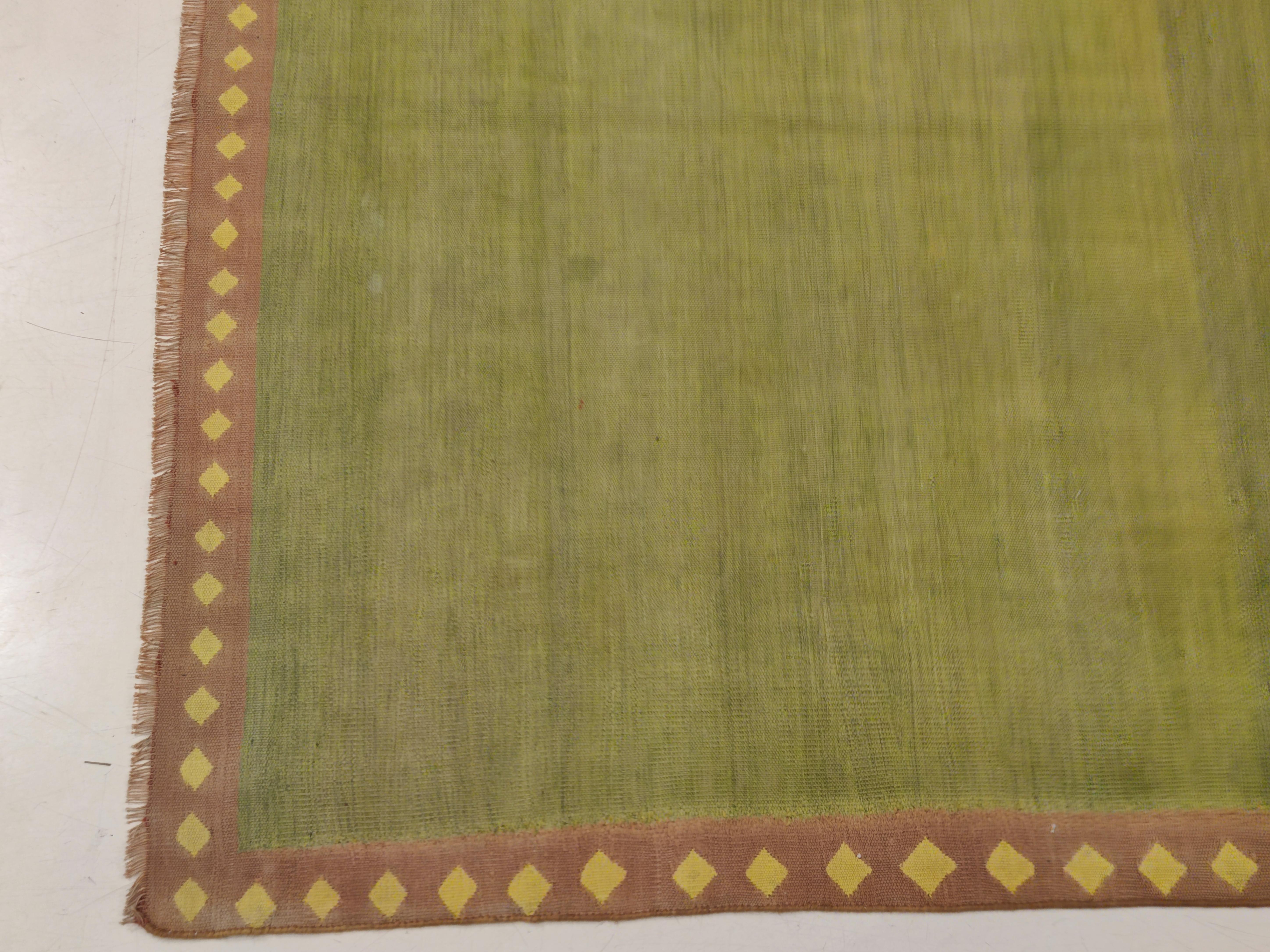 Hand-Woven Antique Minimalist Indian Cotton Dhurrie in Chartreuse Green