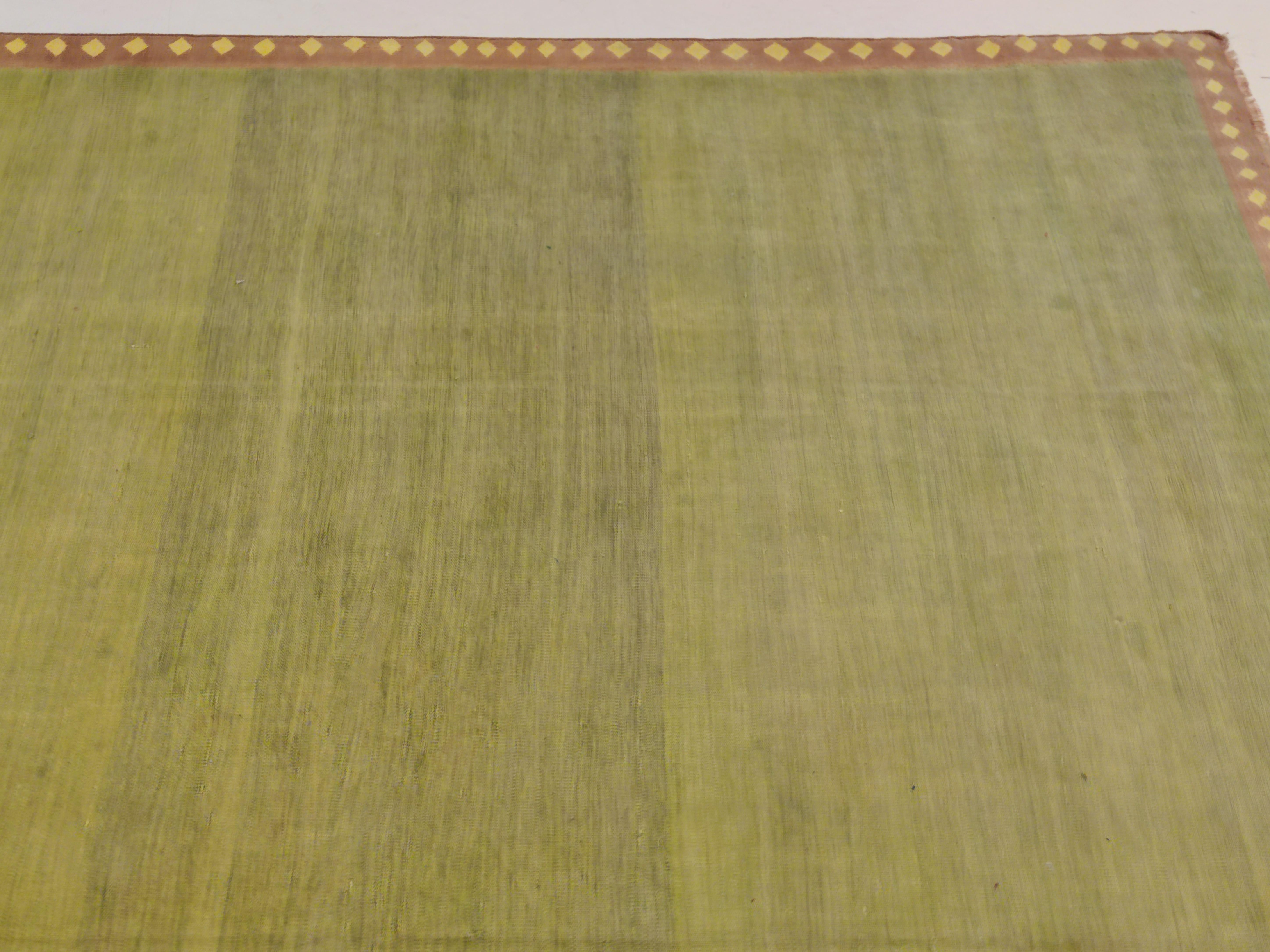 Antique Minimalist Indian Cotton Dhurrie in Chartreuse Green 1