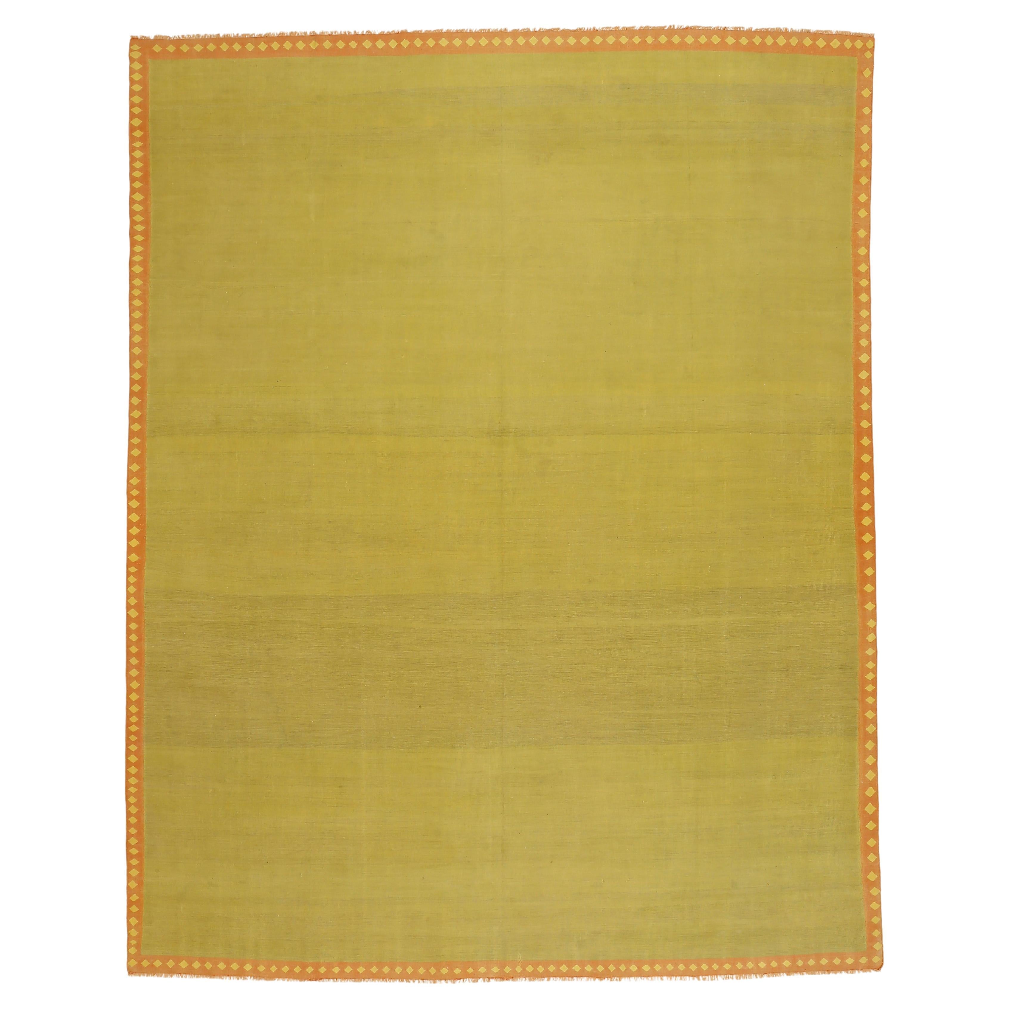 Antique Minimalist Indian Cotton Dhurrie in Chartreuse Green