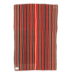 Antique Minimalist Jajim Flat-Woven Rug with Vertical Green/Red Stripes