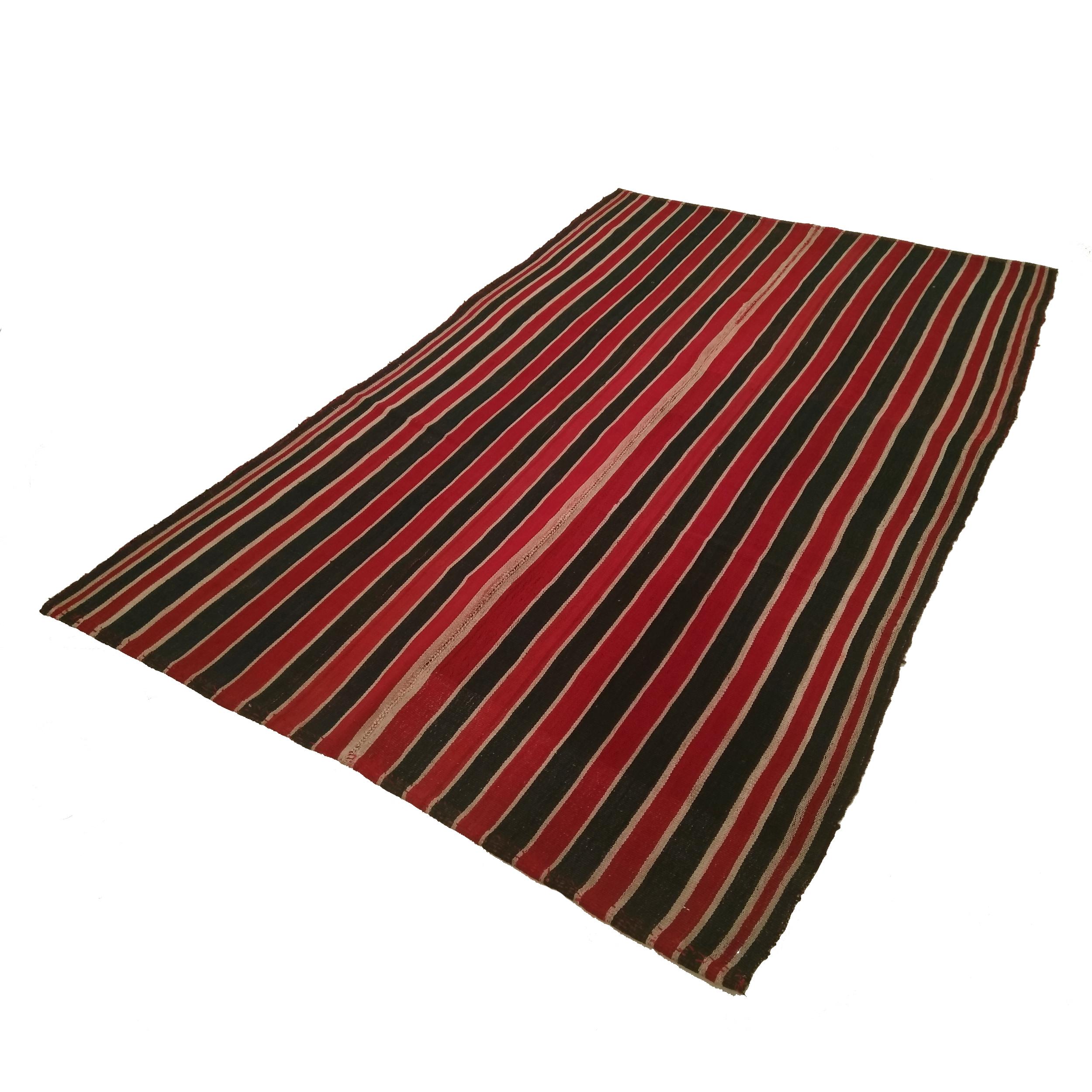 Wool Antique Minimalist Jajim Flat-Woven Rug with Vertical Green/Red Stripes For Sale