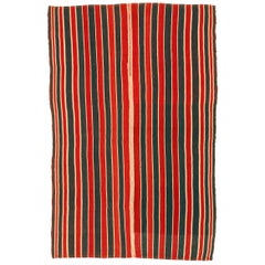 Tapis ancien minimaliste Jajim tissé à plat avec des rayures verticales vertes/rouges