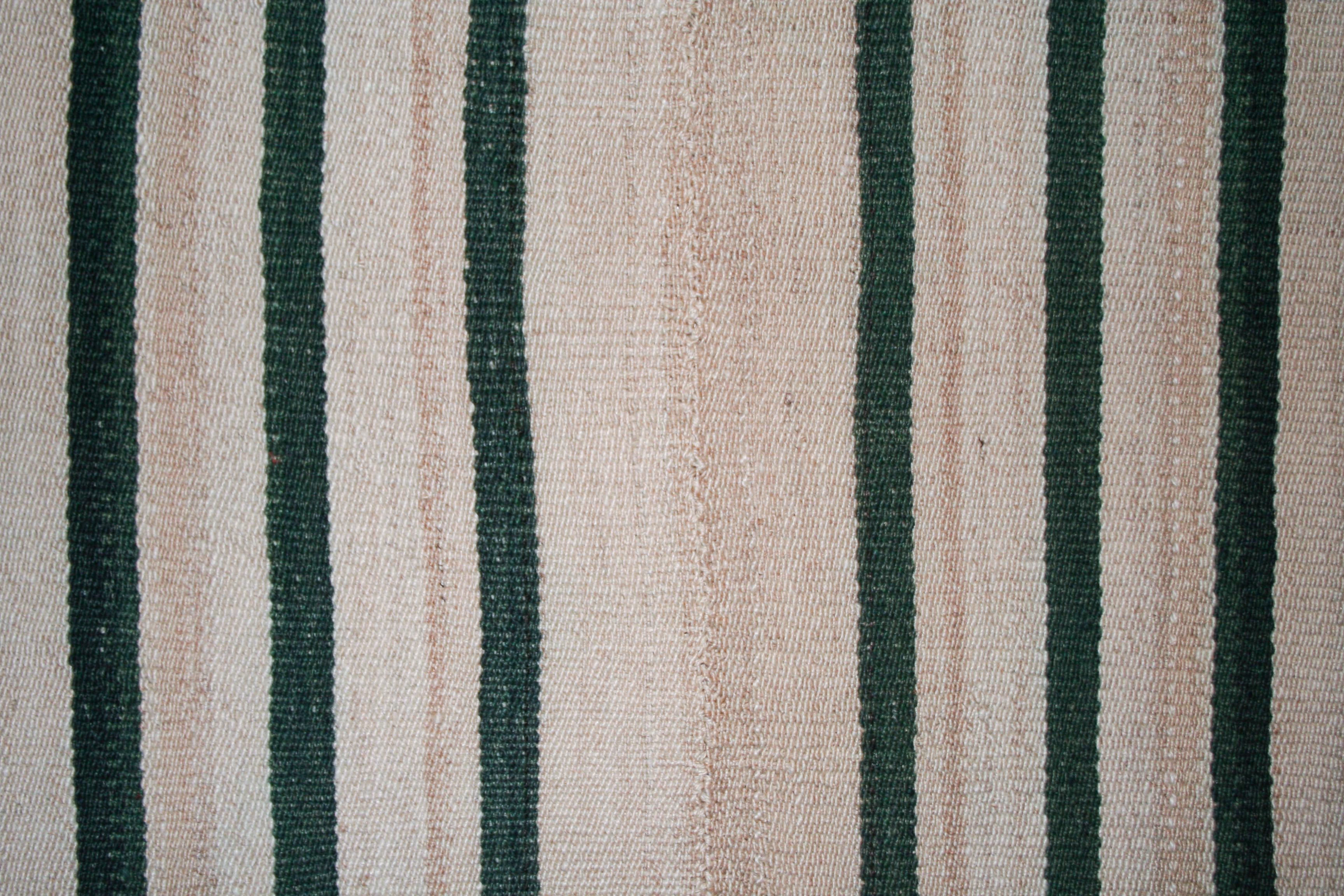 Turkish Antique Minimalist Jajim Flat-Woven Rug with Vertical Ivory and Green Stripes For Sale