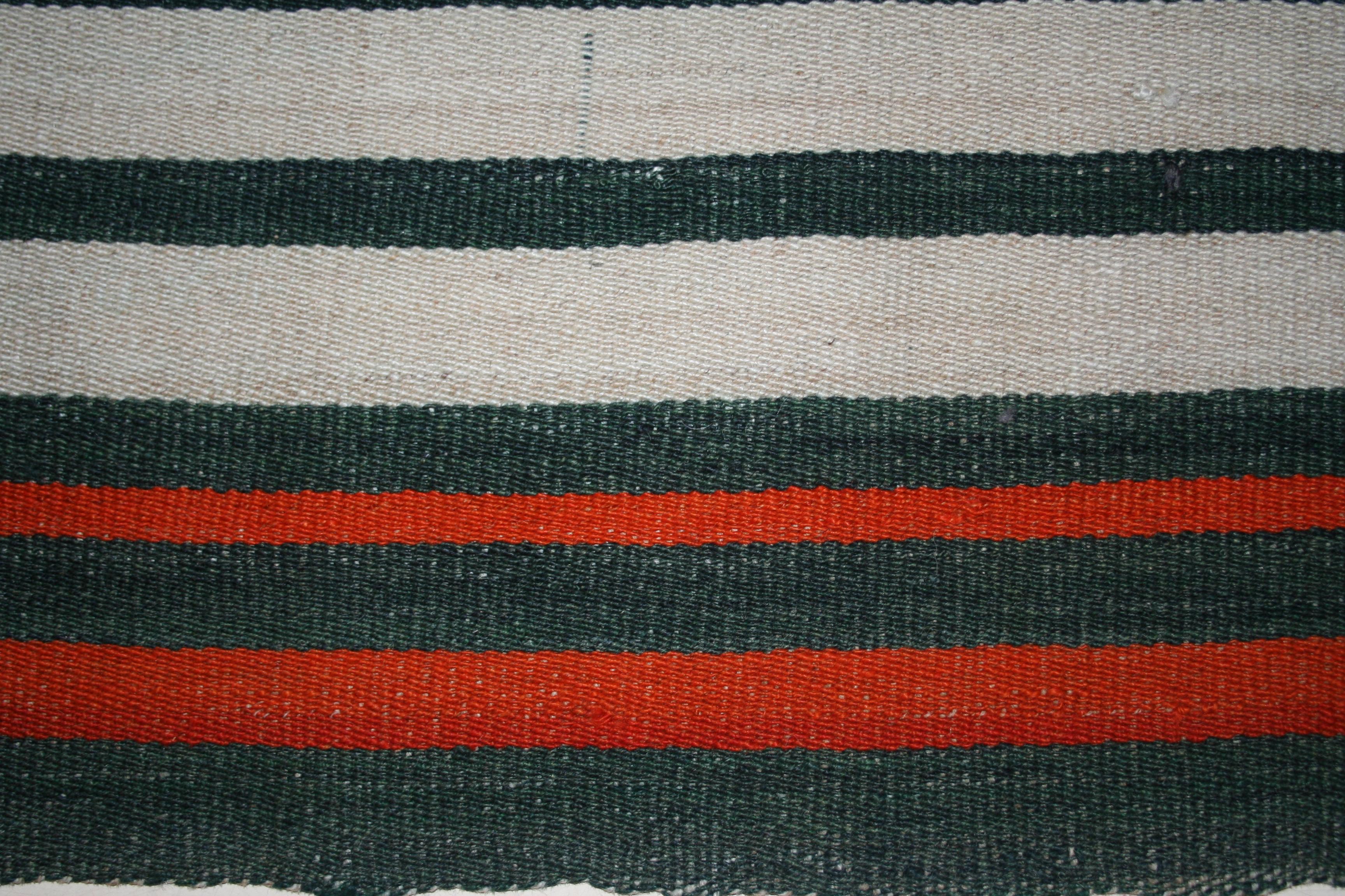 Hand-Woven Antique Minimalist Jajim Flat-Woven Rug with Vertical Ivory and Green Stripes For Sale