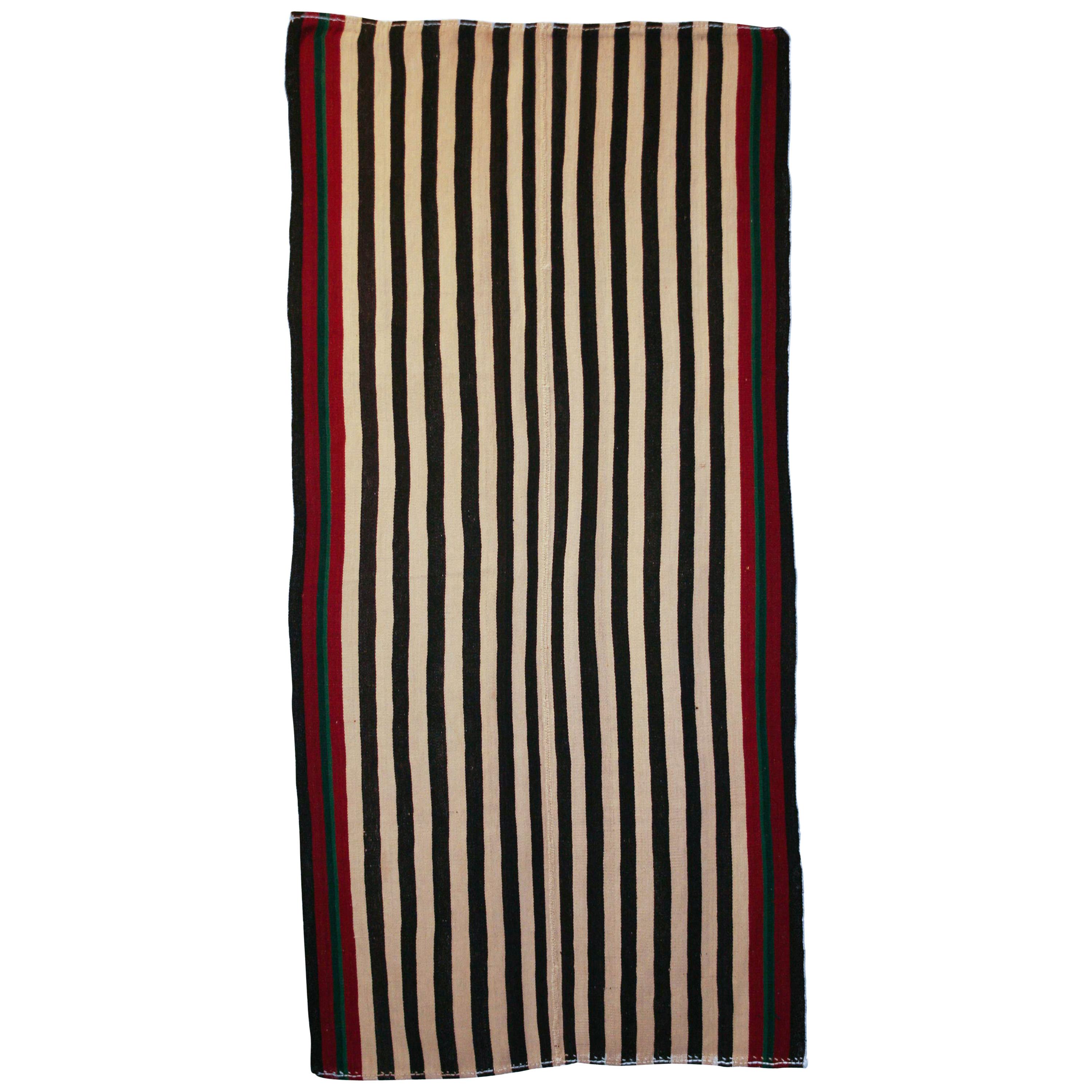 Antique Minimalist Jajim Flat-Woven Rug with Vertical Ivory and Green Stripes