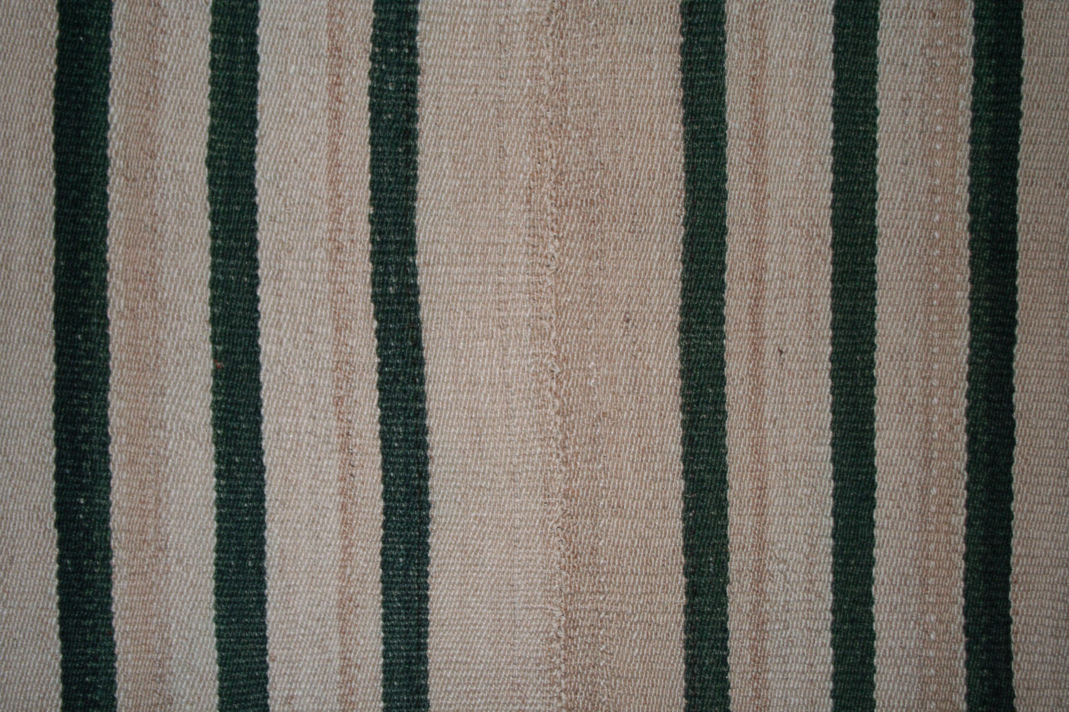 Hand-Woven Antique Minimalist Jajim Flat-Woven Rug with Vertical Ivory/Green Stripes For Sale
