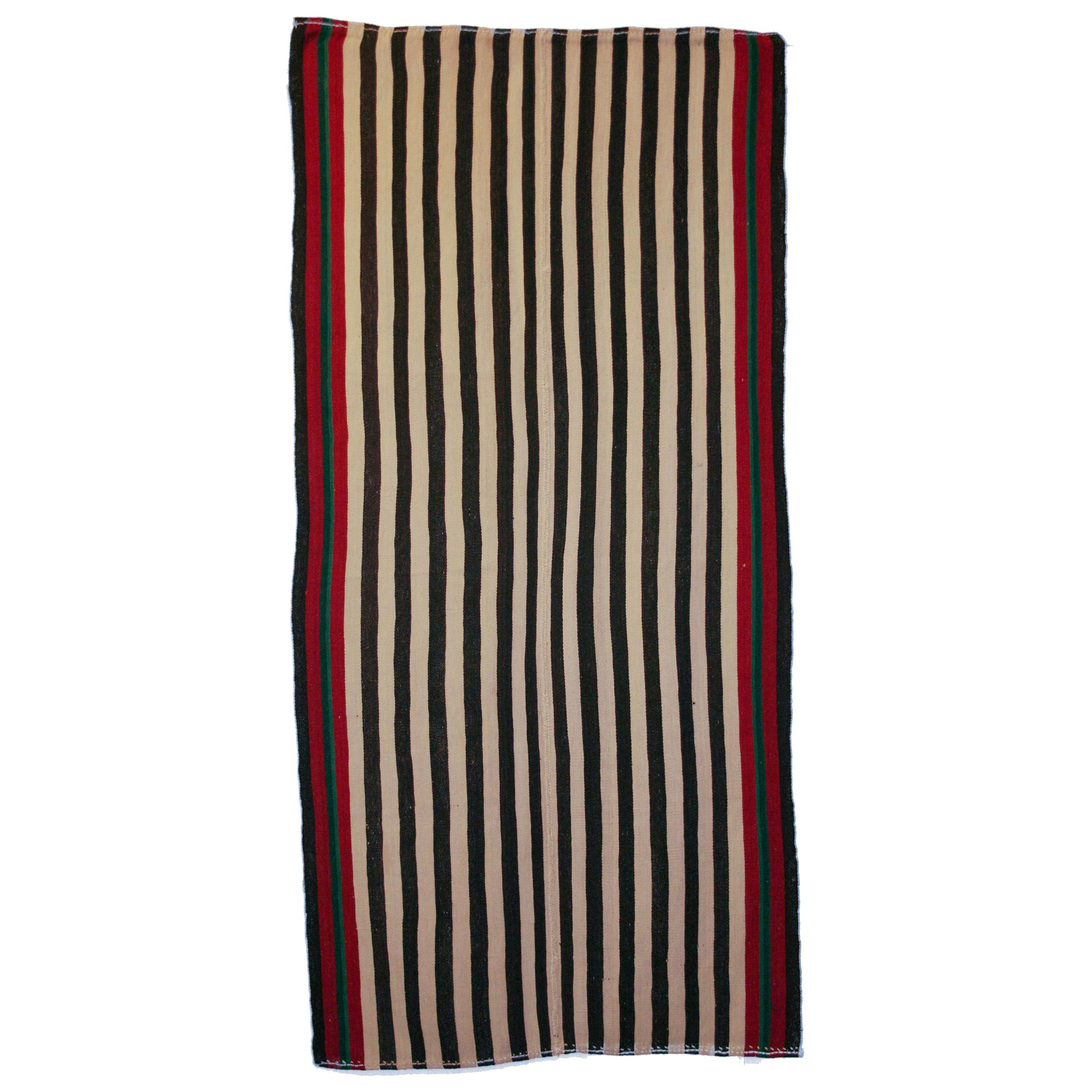Antiker, minimalistischer Flachgewebter Jajim-Teppich mit vertikalen elfenbeinfarbenen/grünen Streifen