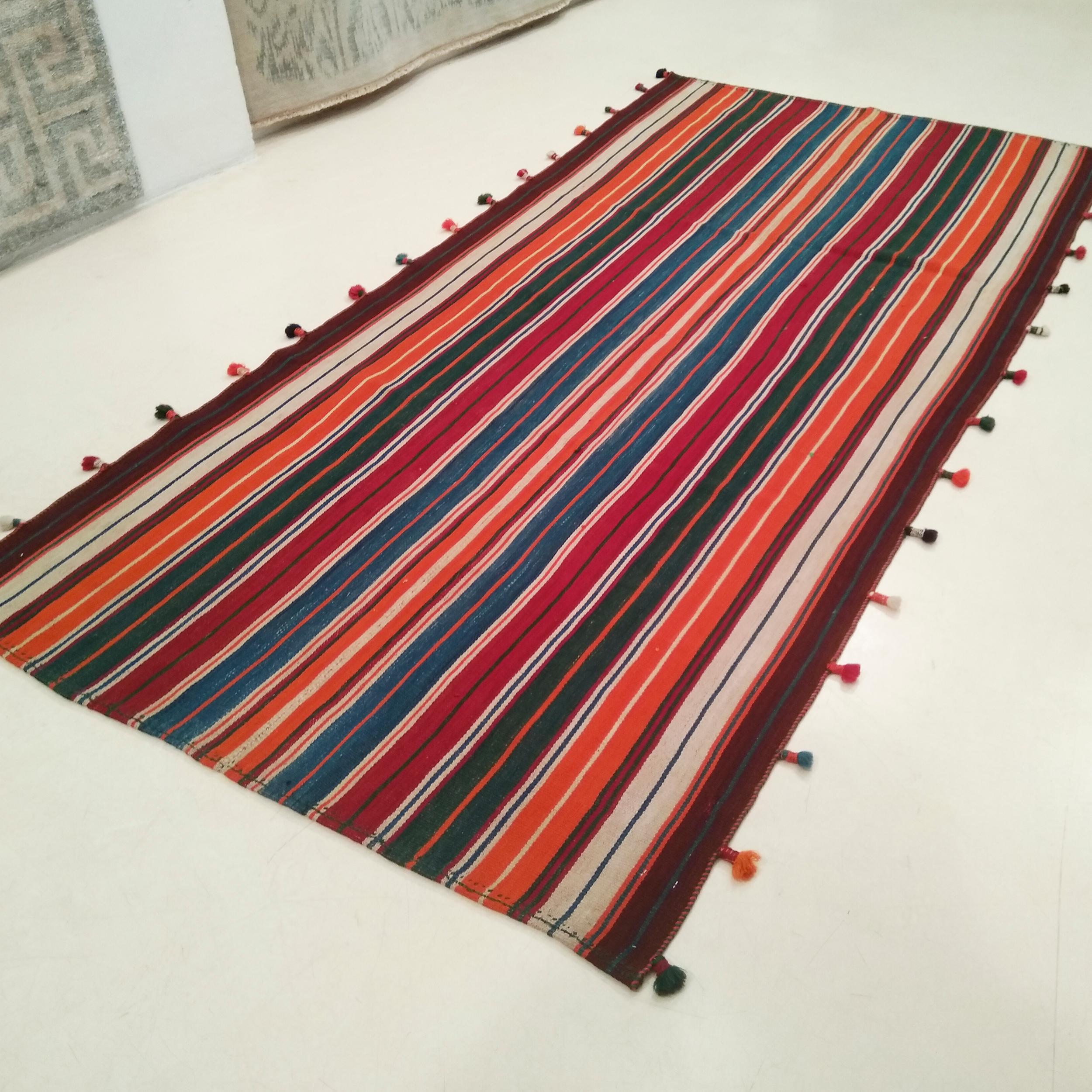 Turkish Antique Minimalist Jajim Flat-Woven Rug with Vertical Polychrome Stripes For Sale
