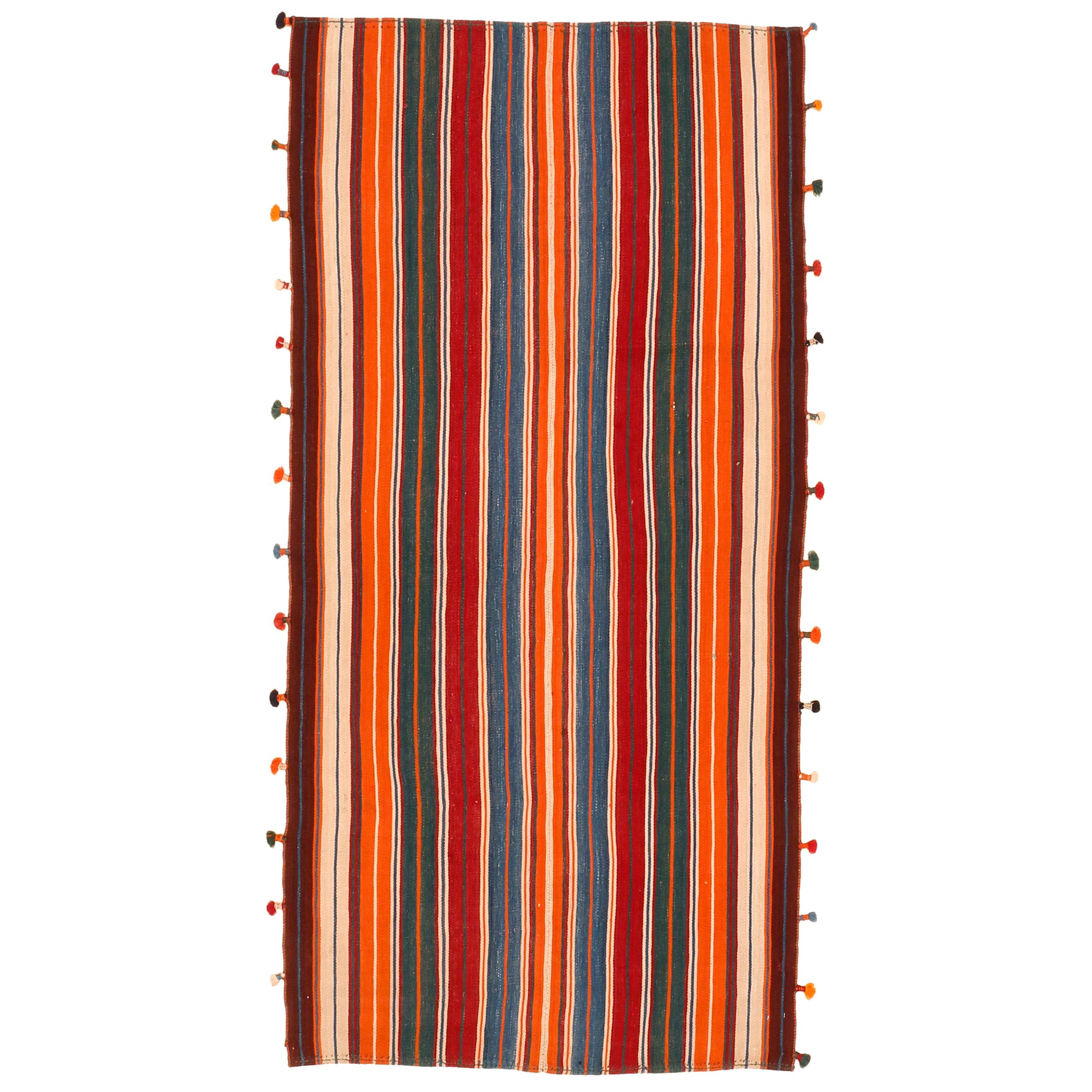 Antiker, minimalistischer, flachgewebter Jajim-Teppich mit vertikalen, polychromen Streifen