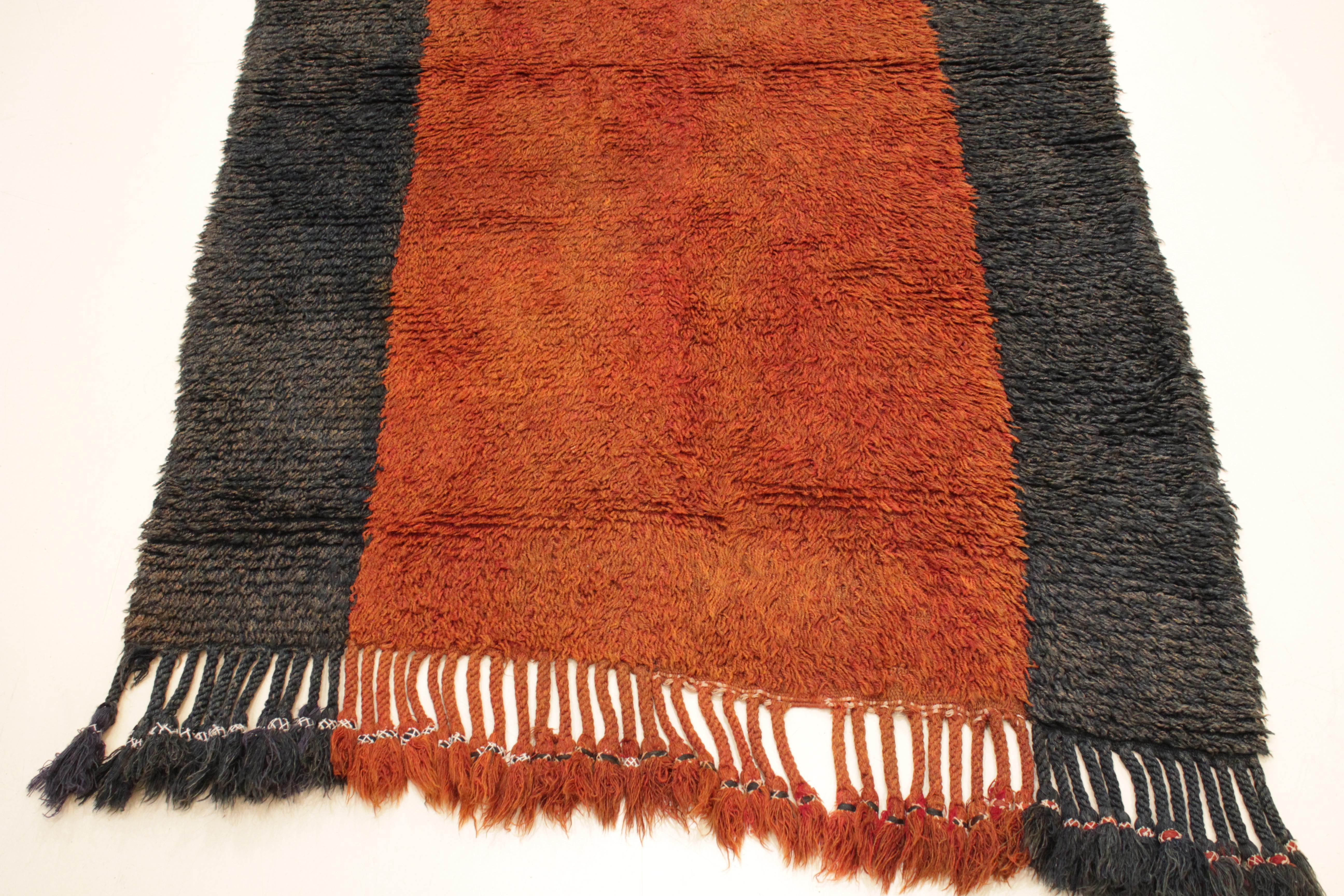 Hand-Knotted Antique Minimalist Uzbek Julkhyr Rug with Vertical Stripes in Brick Red and Blue For Sale
